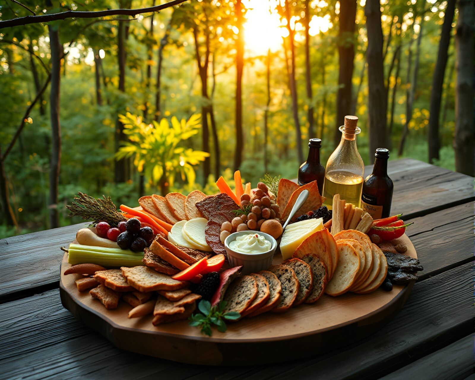 Wide shot of a whimsical charcuterie spread in forest glow