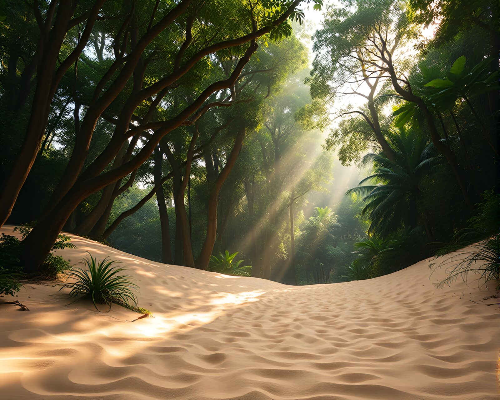 Vibrant sand swirl patterns under lush rainforest canopy.