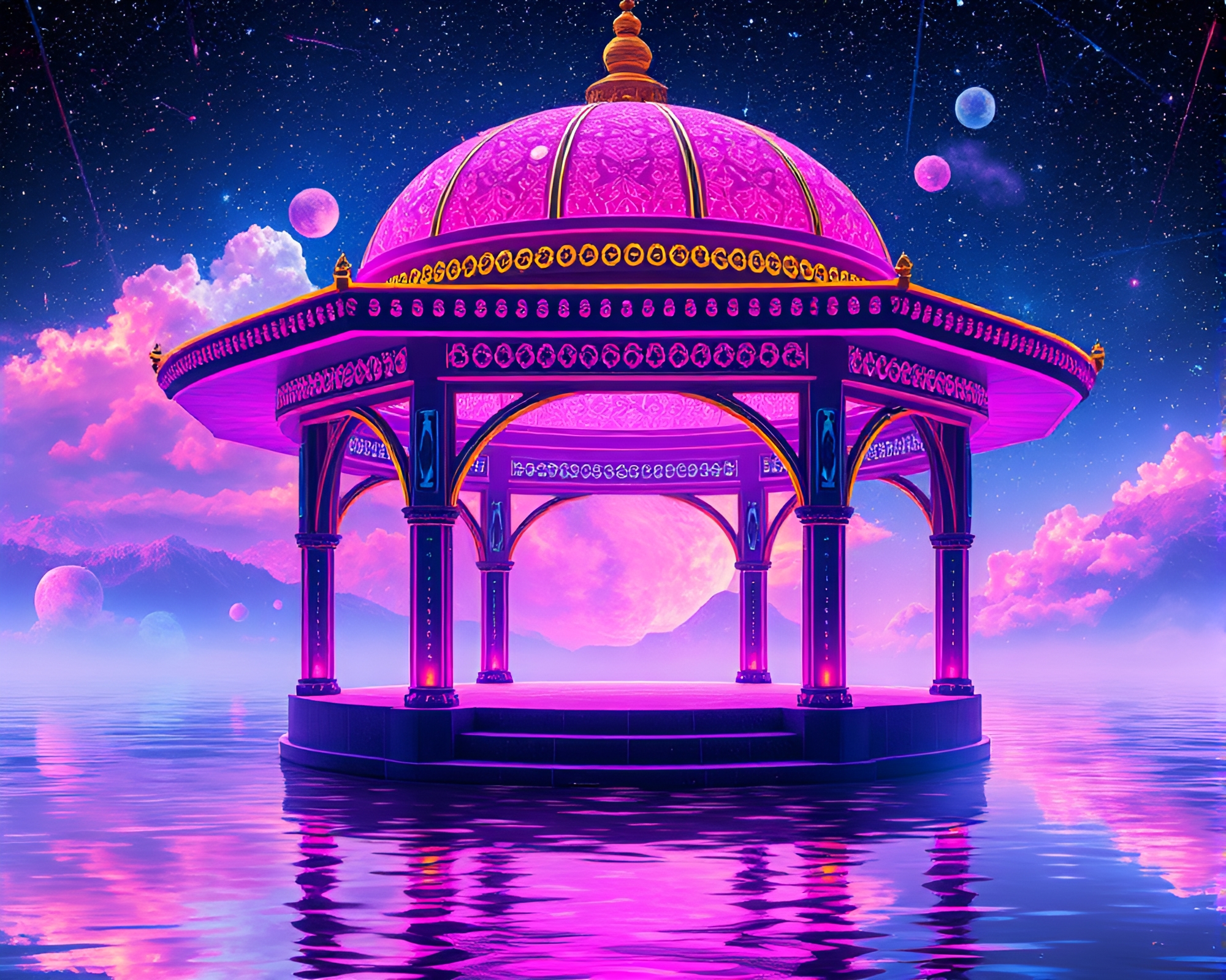 Synthwave Floating Pavilion with Cosmic Rainbow Texture Overlay – free AI stock image