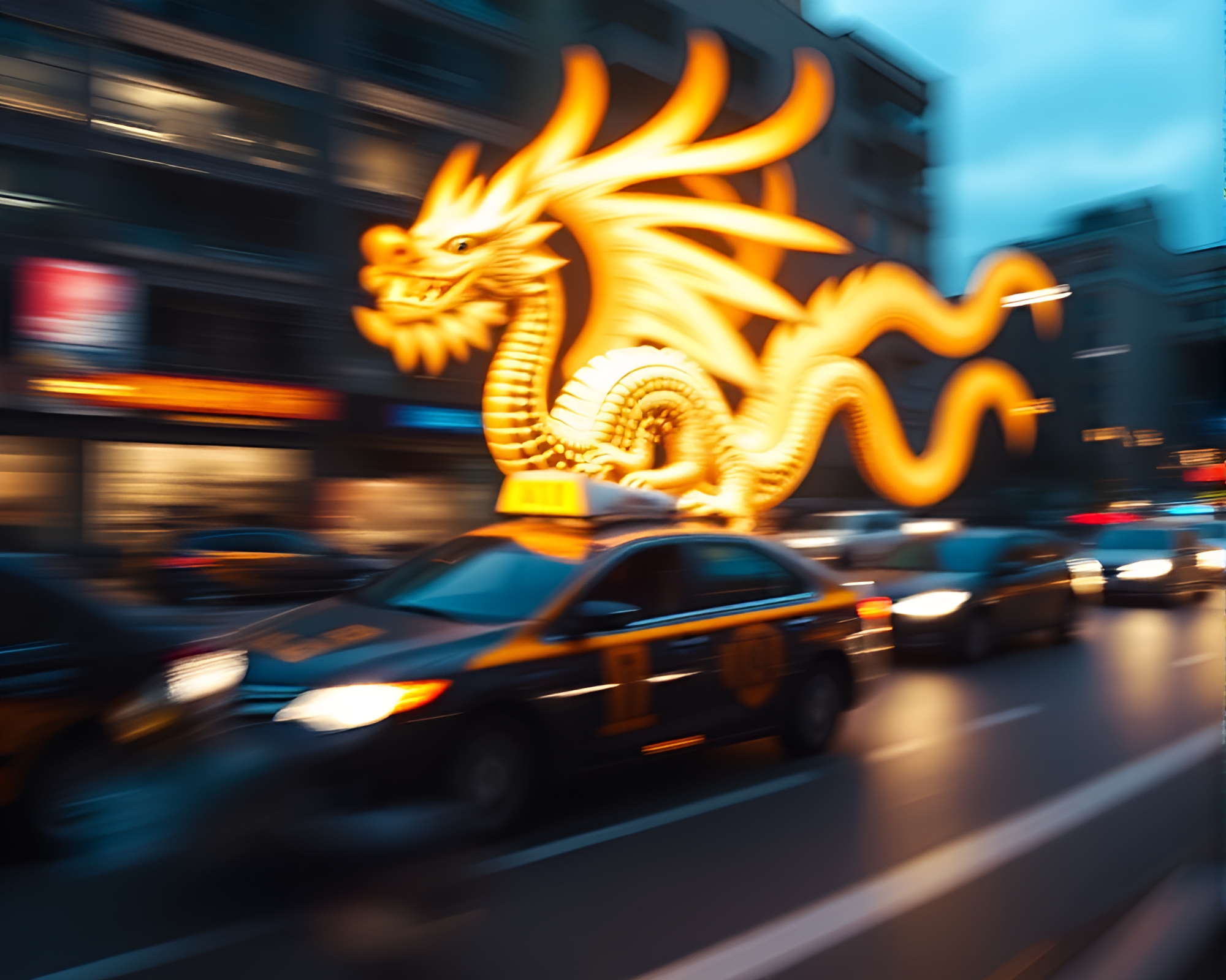 Celestial Dragon Taxi Streaking Through Misty Bokeh Air – free AI stock image