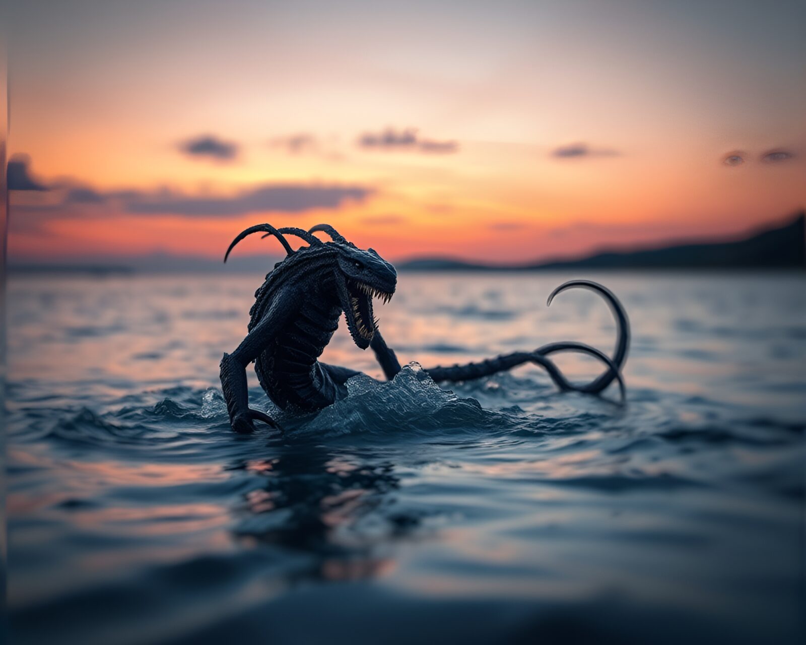 Tilt-shift photo of the Kraken rising from distorted water at dusk