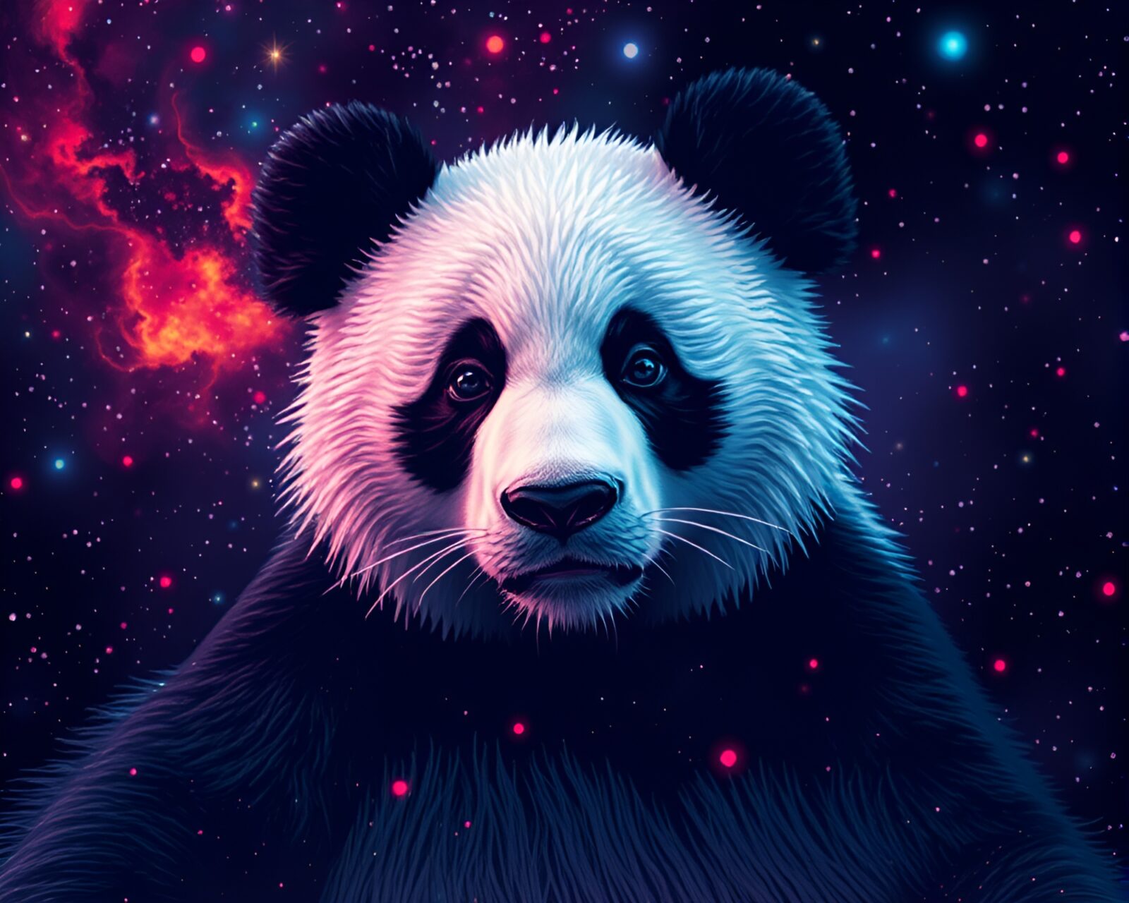 Illustration of a panda in cosmic hues with scan lines