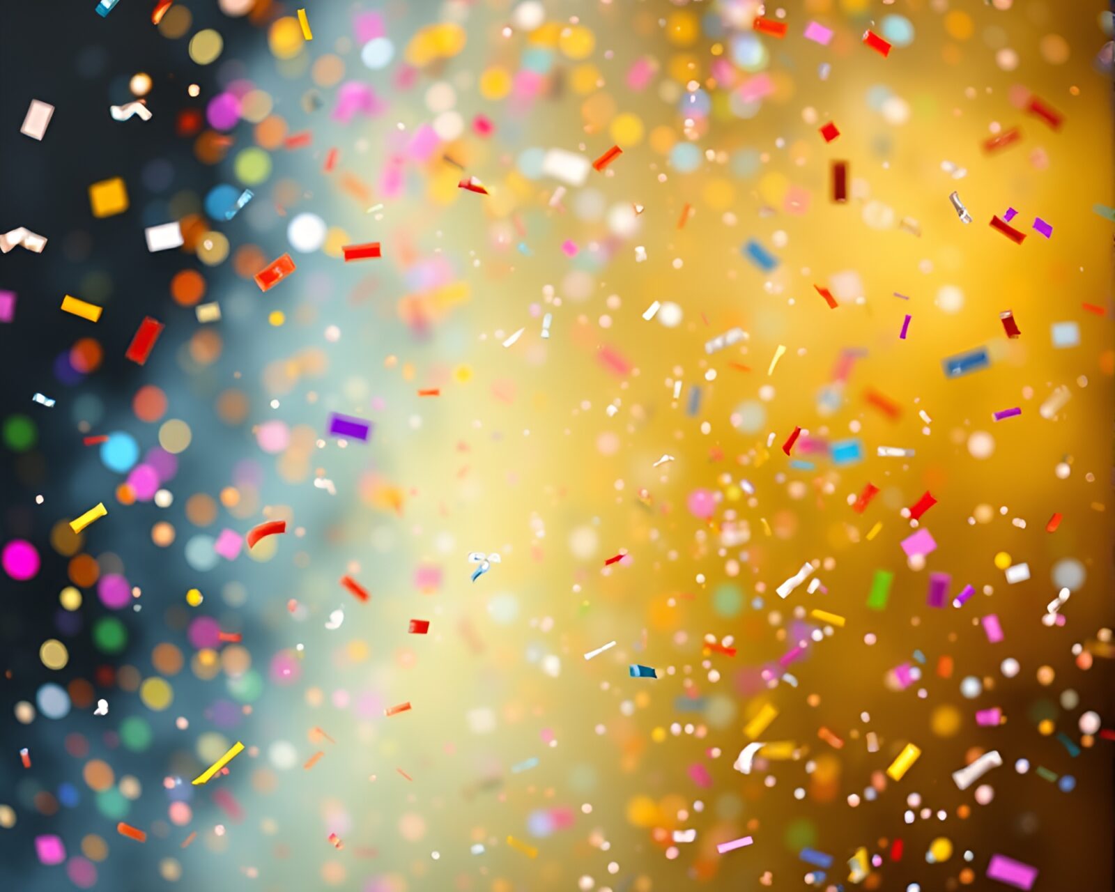 Wide shot of intricately crafted floating crystal surrounded by vibrant confetti colors