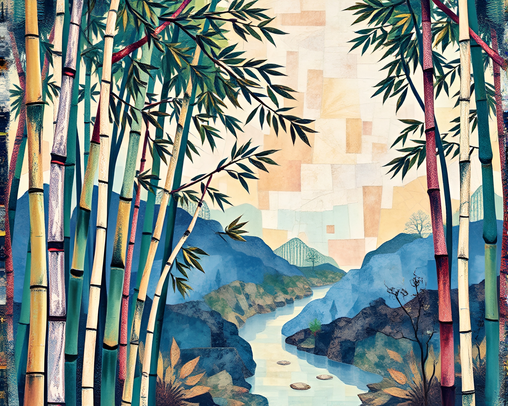 Bamboo Grove Fragmented Mosaic Stencil Art – free AI stock image