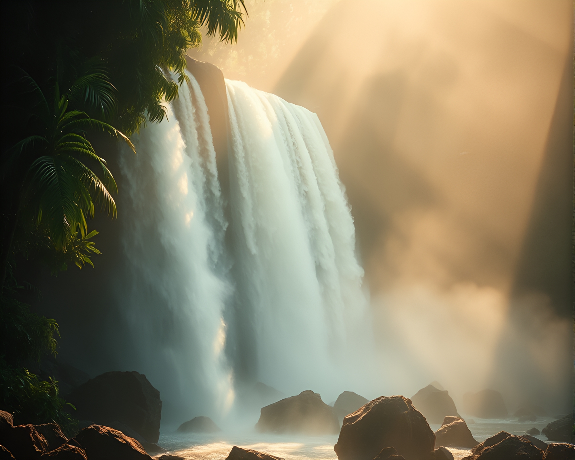 Tropical Waterfall in Dramatic Dust Overlay – free AI stock image