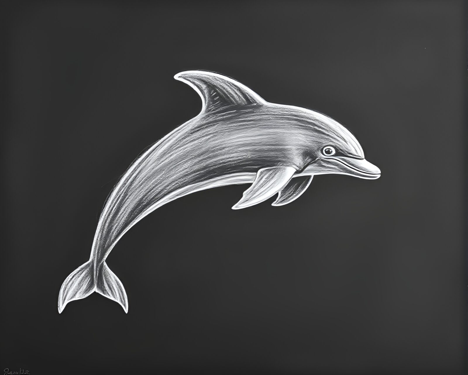 Chalk drawing of a playful dolphin in gray hues