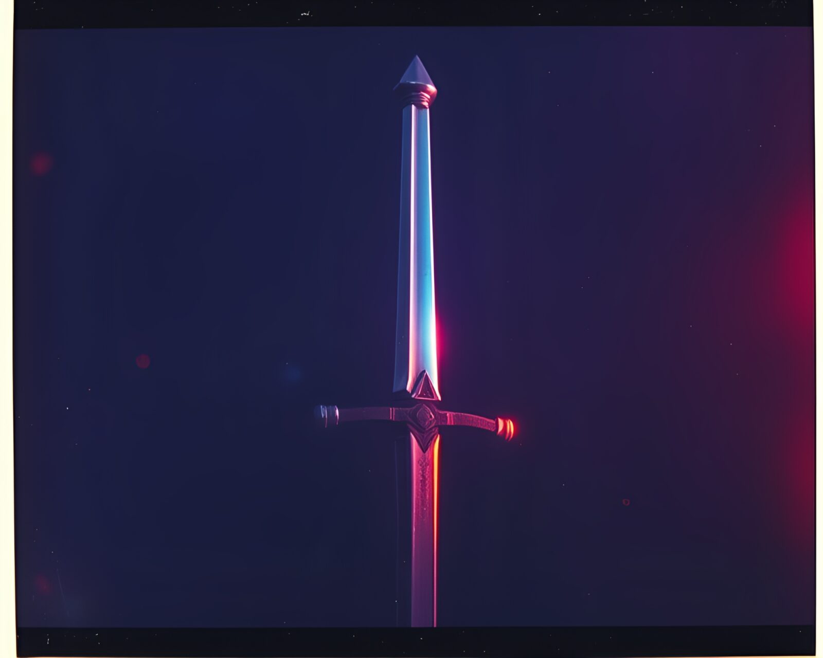 Fantastical scene with glowing sword in a grid layout