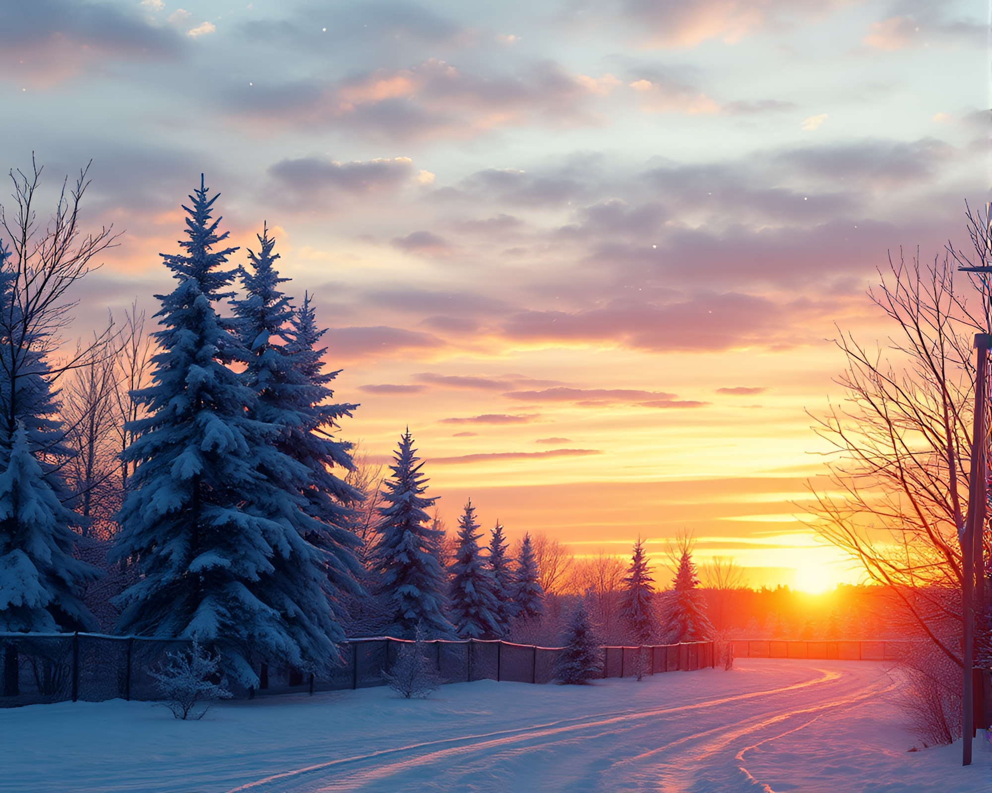 Winter Wonderland Sunset Vector Art Composition – free AI stock image