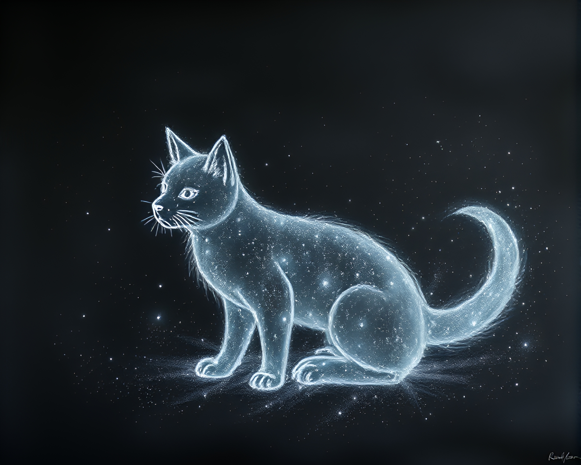 Ethereal Holographic Pet Emerging from Chalkboard Fog Banks – free AI stock image