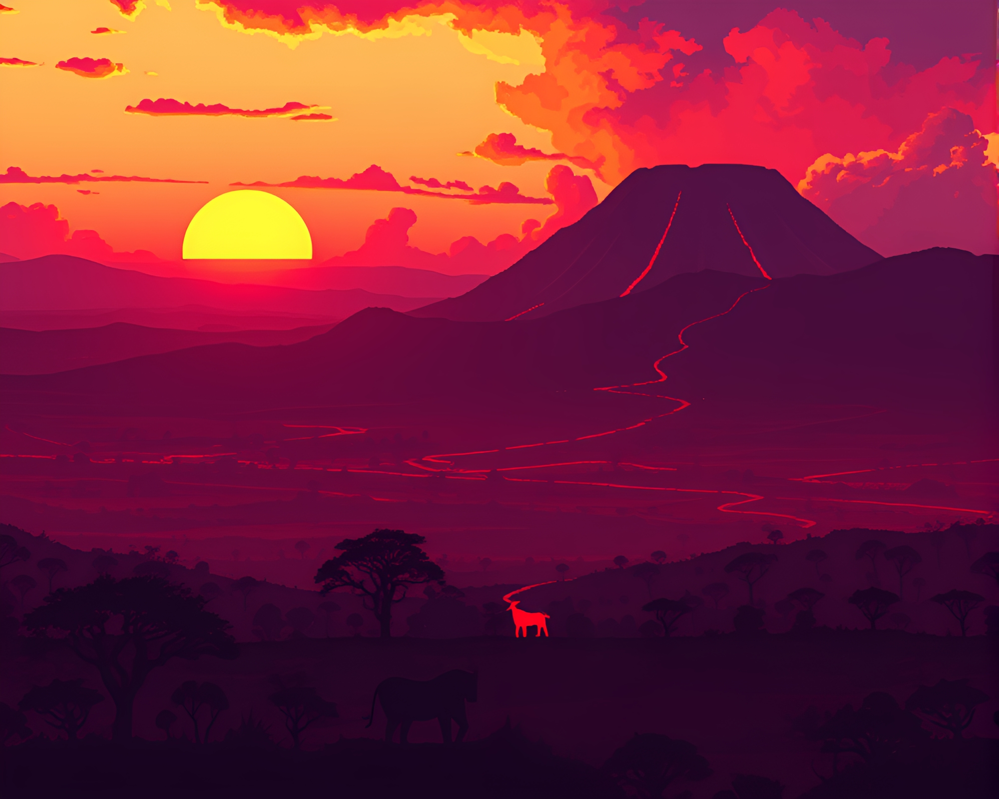 Savanna Sunset Over Volcano Glow – 8-bit Style – free AI stock image