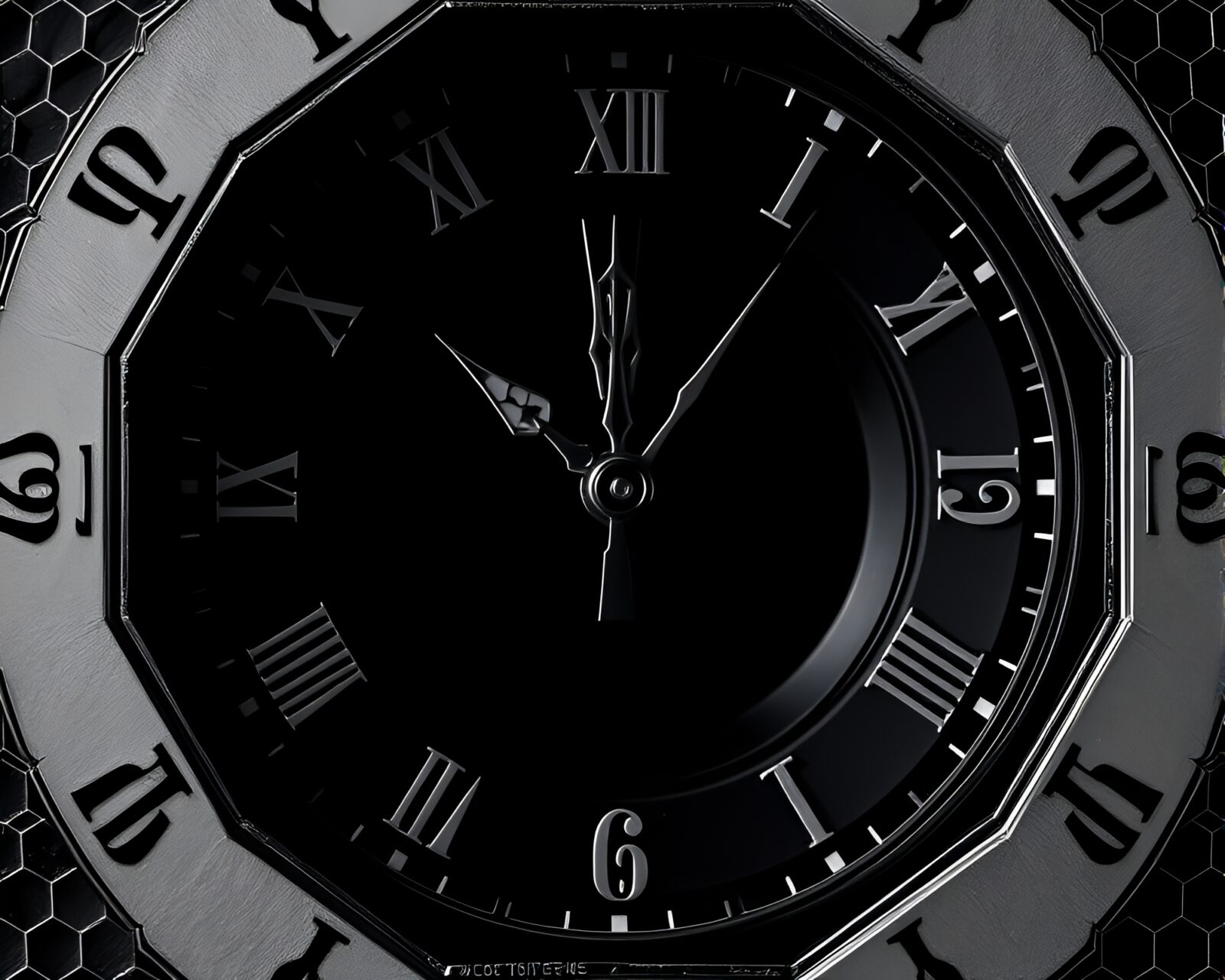 Intricate hexagonal clock surrounded by hatching lines and vignette
