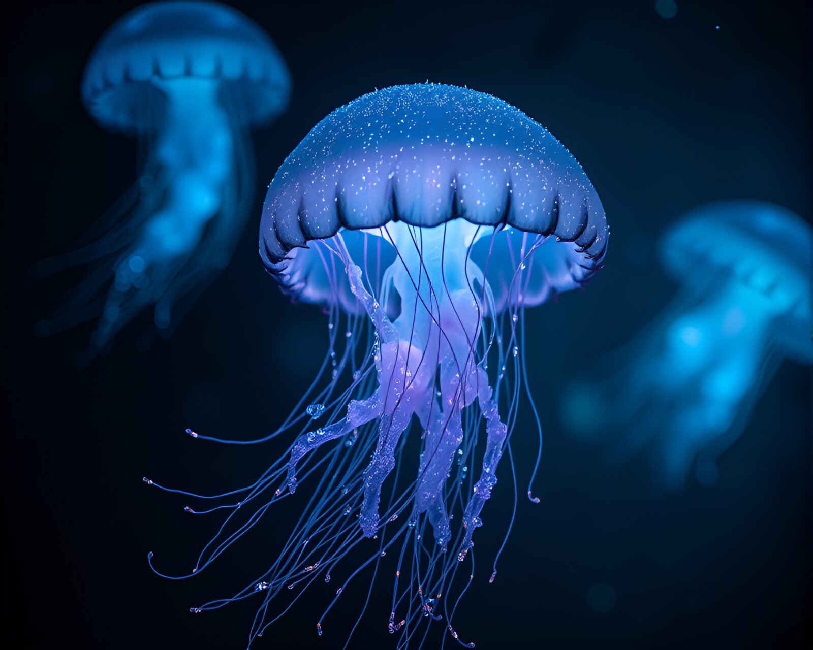 Glowing jellyfish surrounded by sparkles in dark empty void