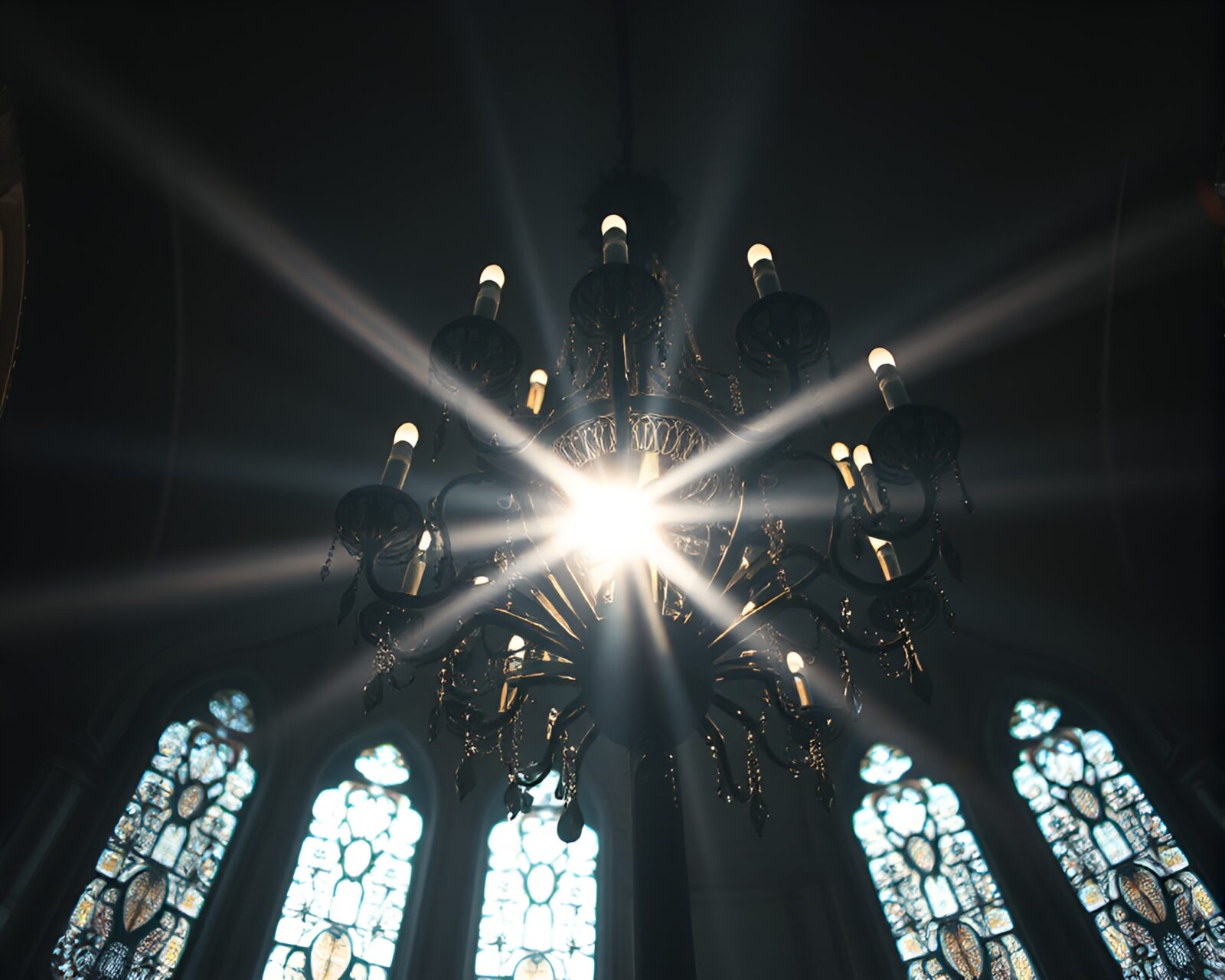 Low-angle view of a cybernetic Gothic chandelier emitting solar flare light