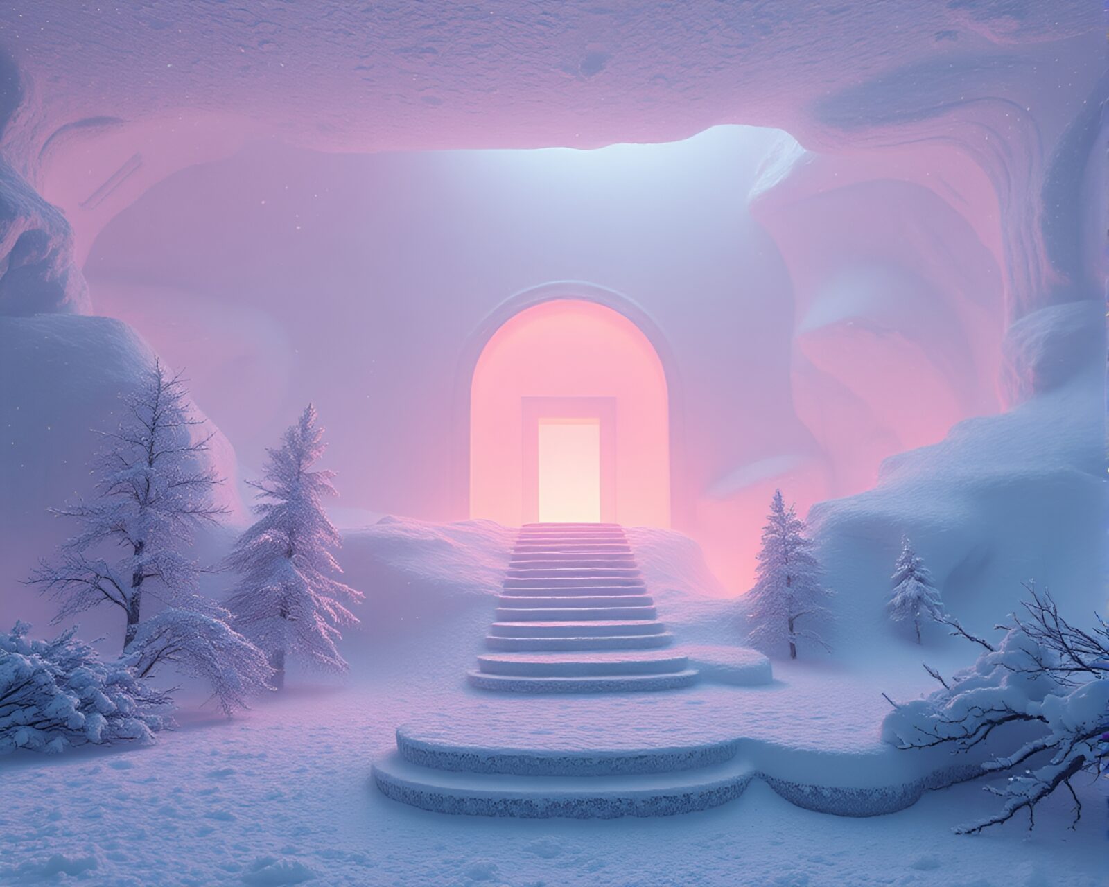 A fantastical room shrouded in snow-kissed light beams