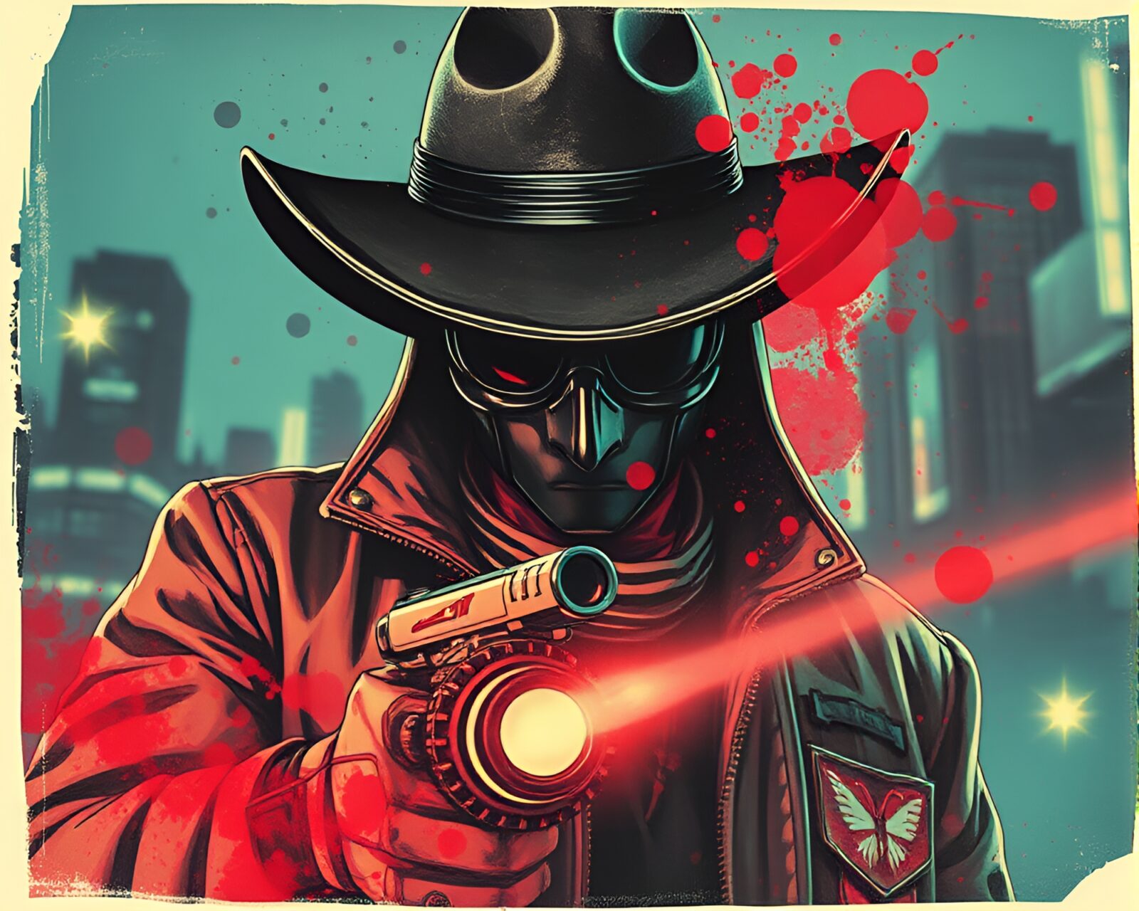 Vintage polaroid-style image of a cyberpunk vigilante amidst ink splashes