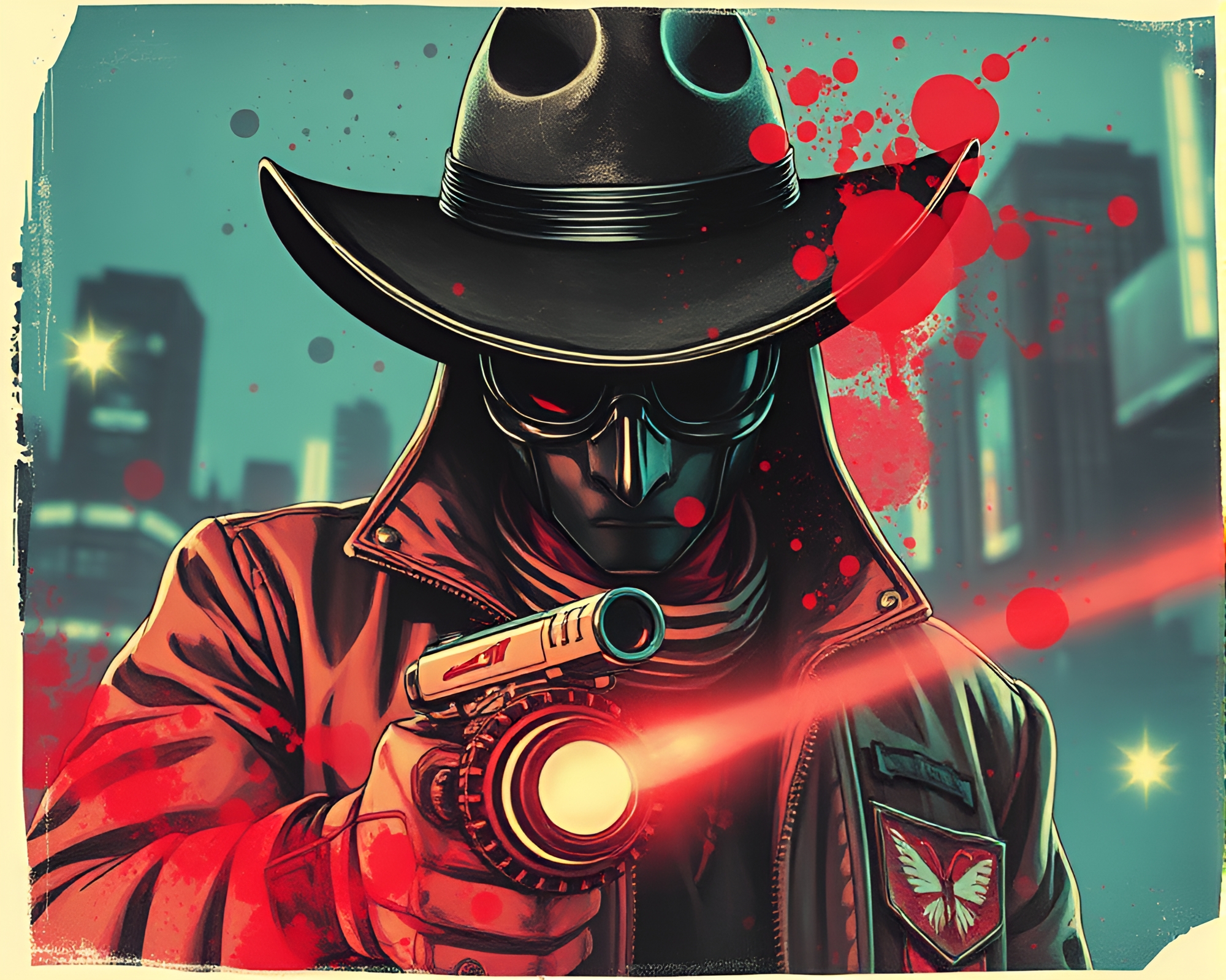 Cyberpunk Vigilante Facing Ink Splashes in Trompe-l’oeil – free AI stock image