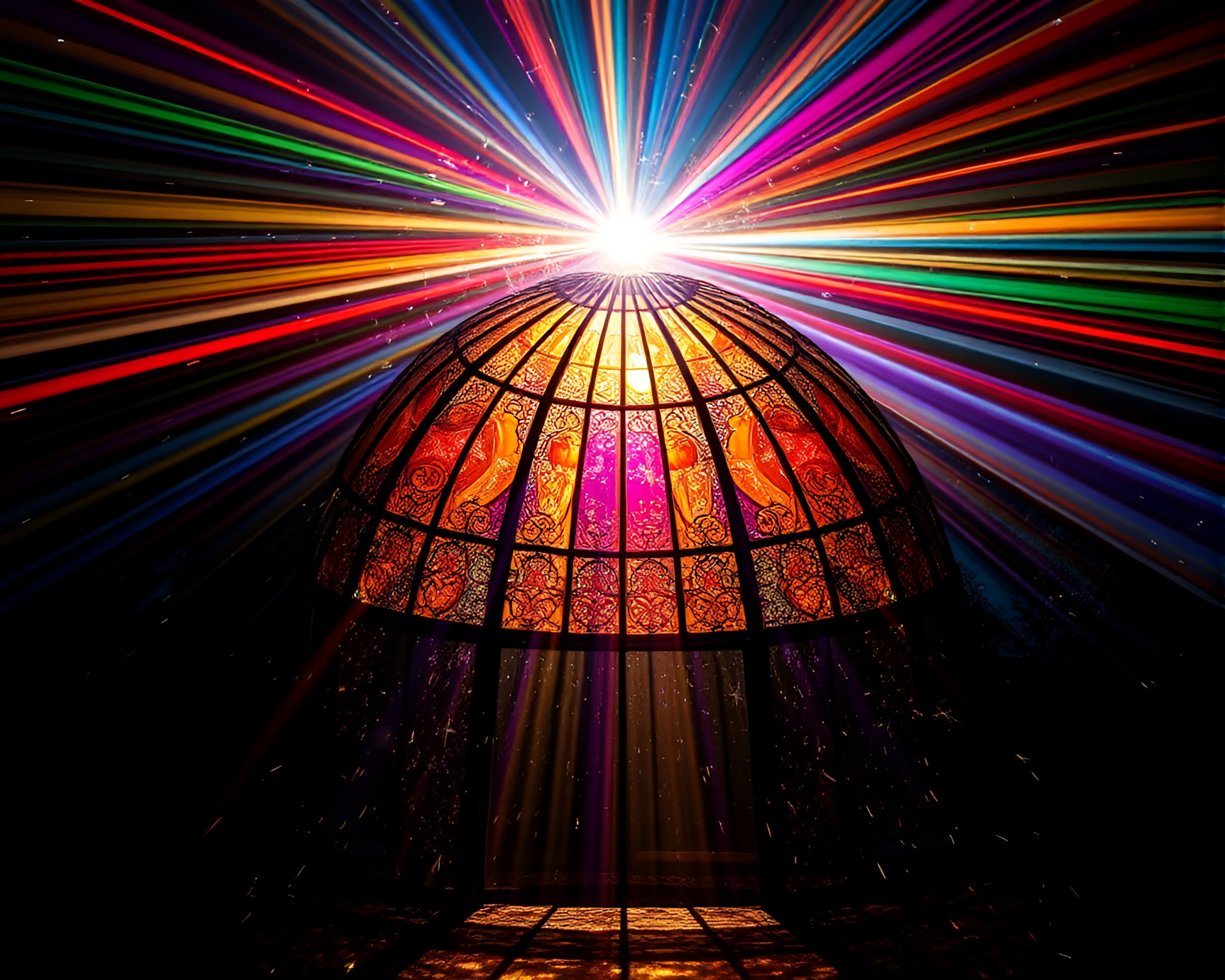 Holographic Stained Glass Dome with Sparkler Trails – free AI stock image