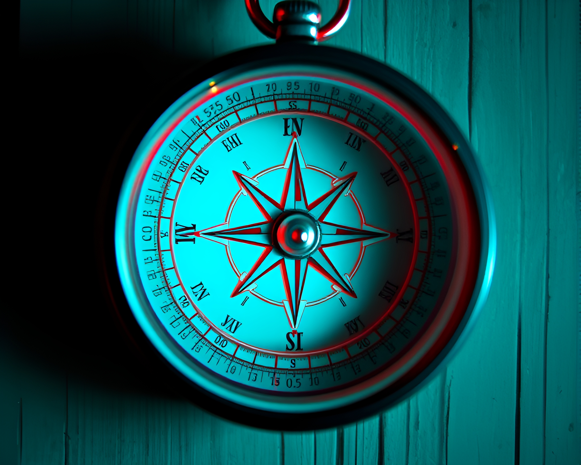 Low-Angle Compass Perspective: Turquoise Anaglyph Serenity – free AI stock image