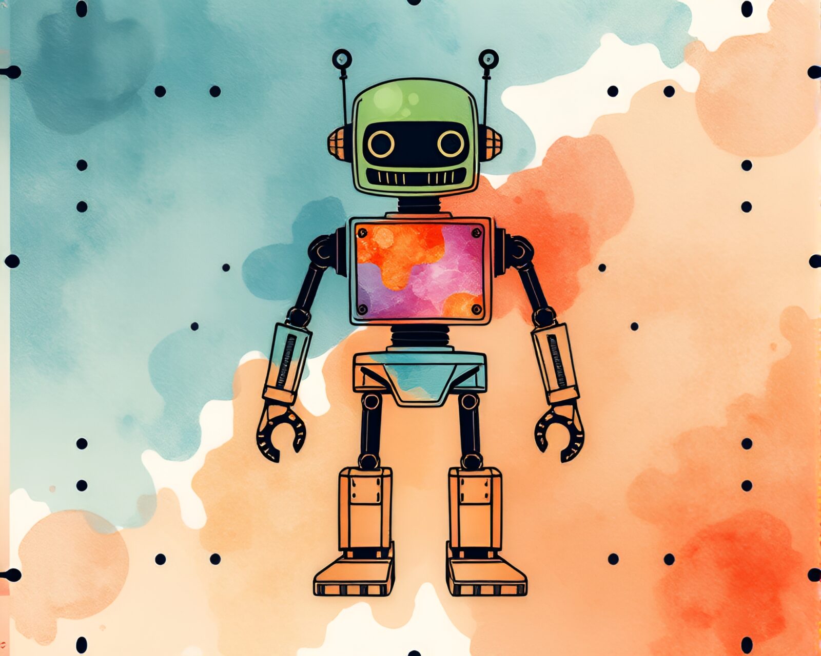 Colorful watercolor robot made of stitched patterns and geometric shapes.