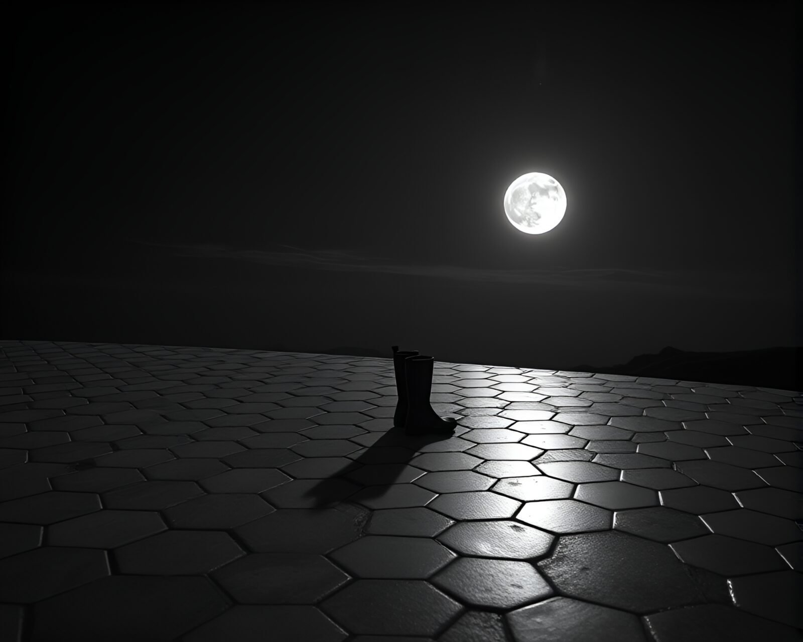 A mesmerizing moonlit scene with hexagonal tiles and gravity boots