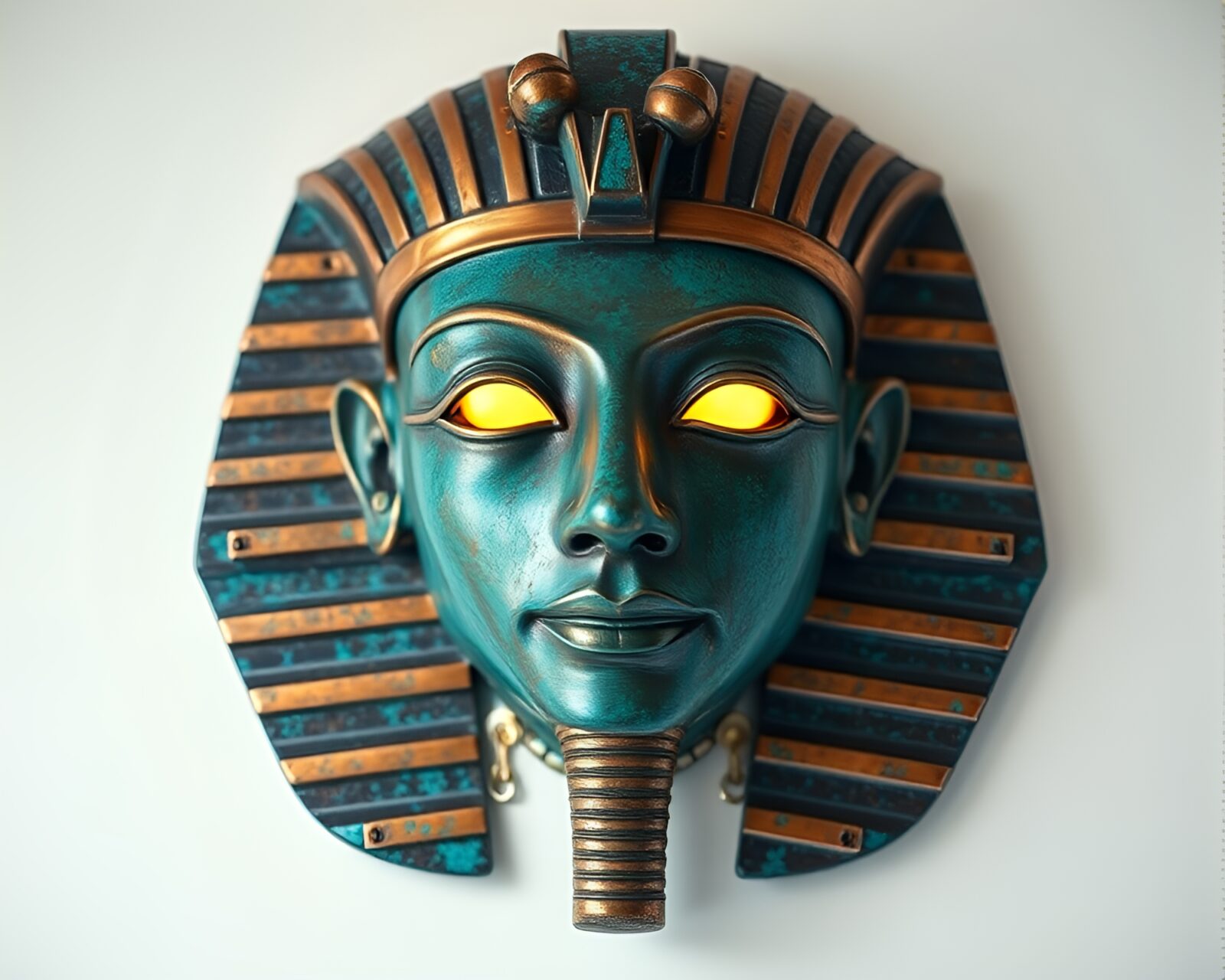Exquisite rim-lit mask of an ancient Pharaoh in bright tones