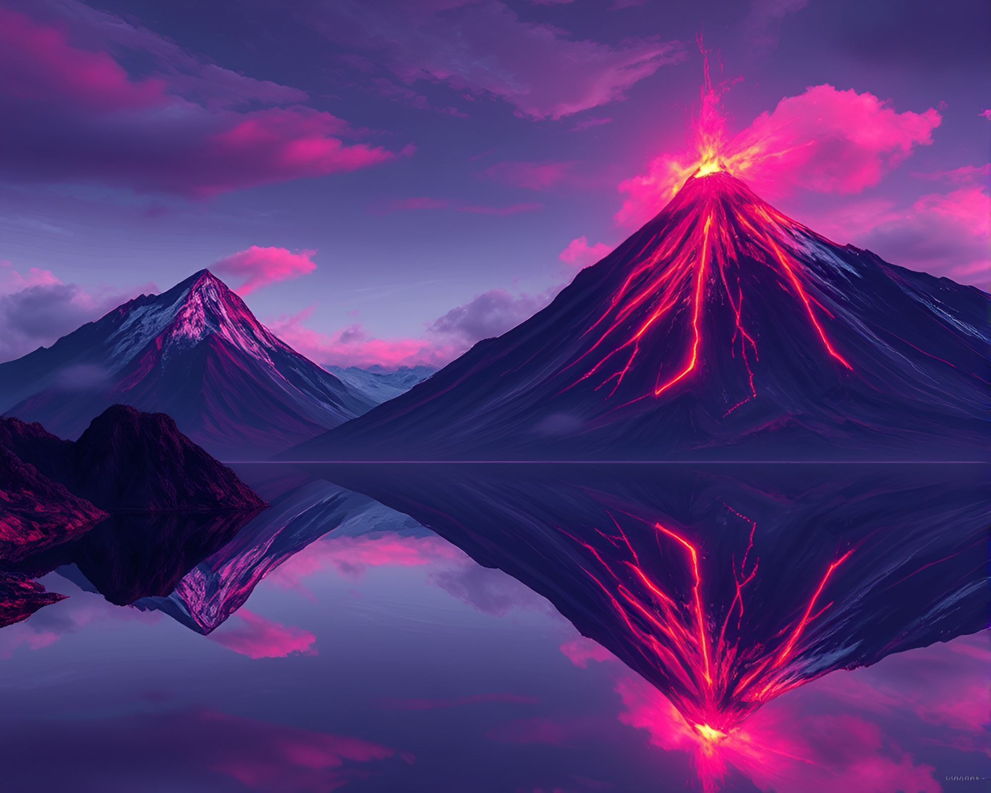 Shattered Mirror Reflects Magenta Volcanic Island – free AI stock image