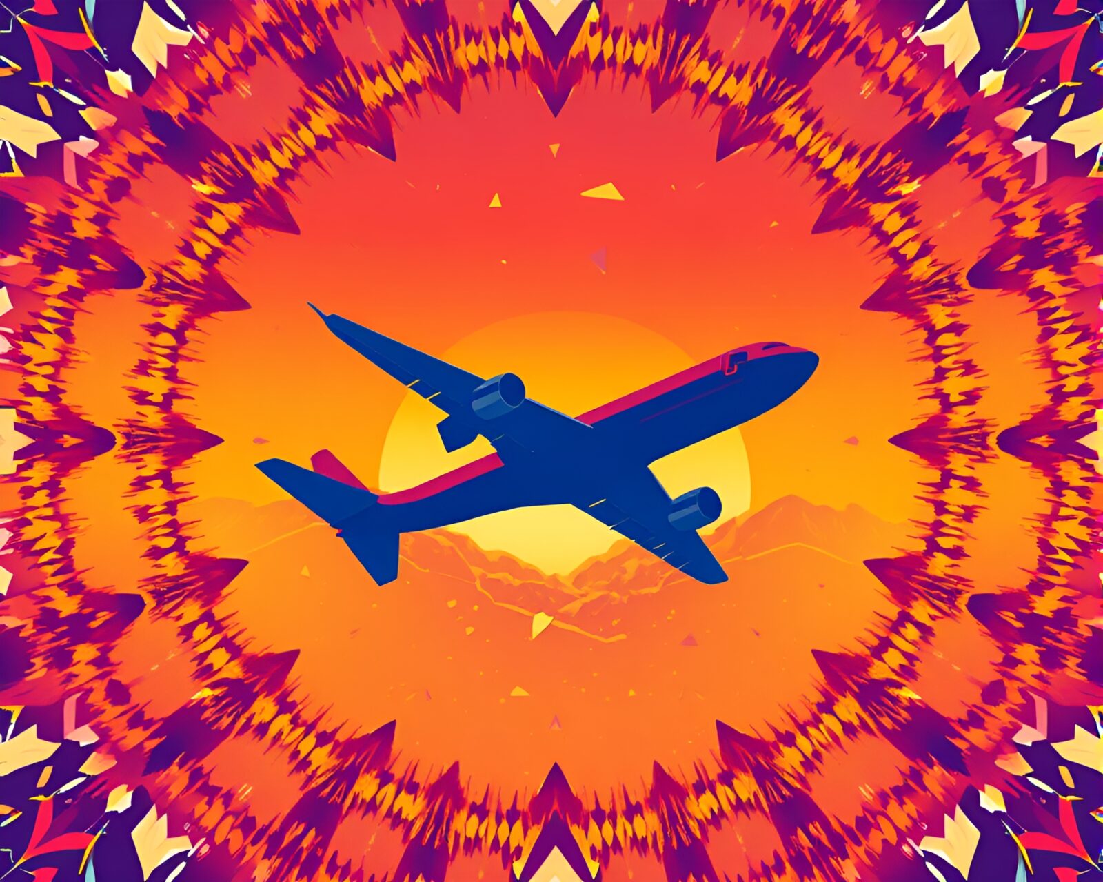 Retro pixel art of an airplane in a sunset kaleidoscope