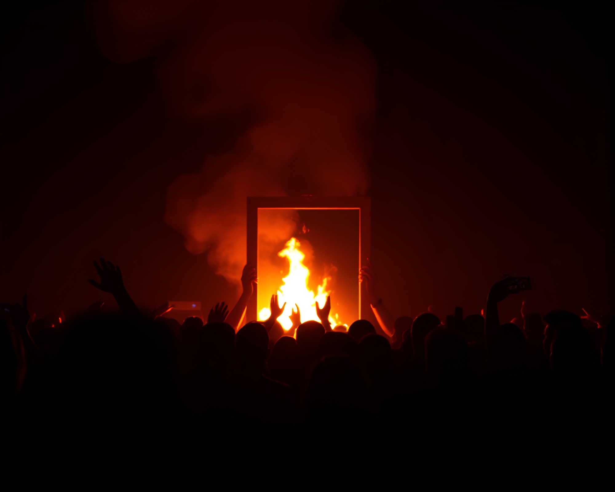 Ethereal Crowd Surrounds Haunted Mirror by Bonfire Light – free AI stock image