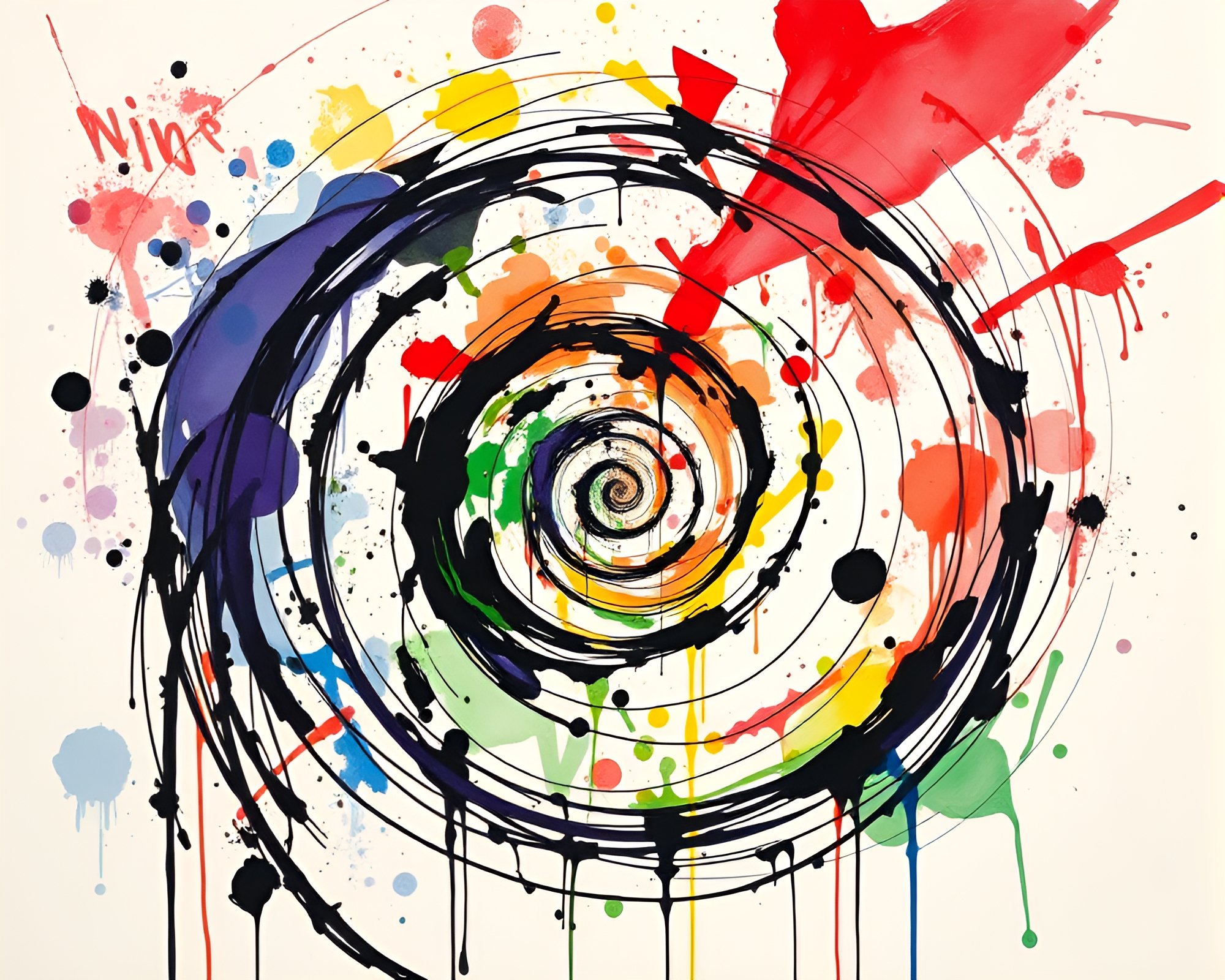 Ink Calligraphy Spiral Composition in Graffiti Colors – free AI stock image