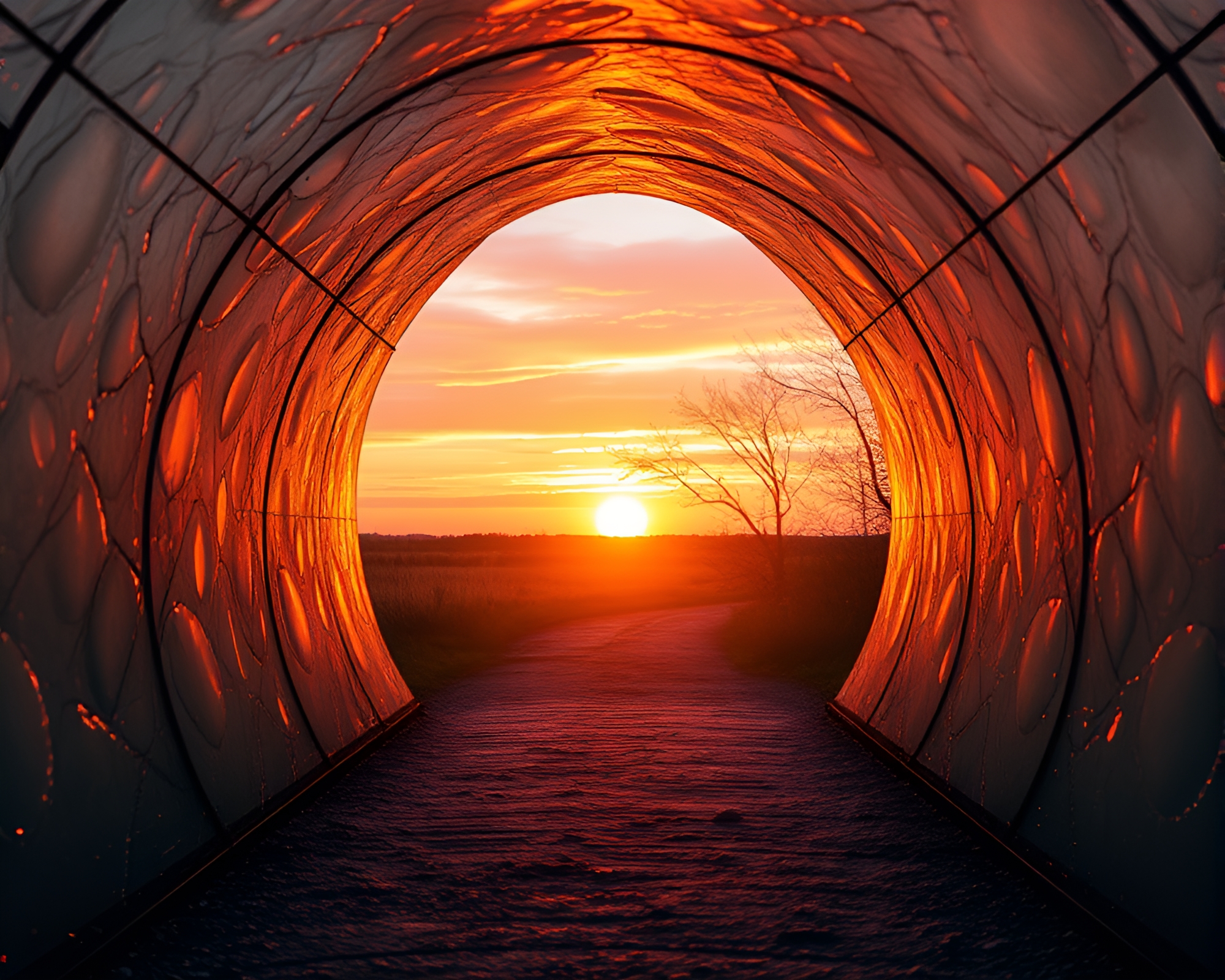 Sunset Glass Tunnel Composed by Nature’s Frame – free AI stock image