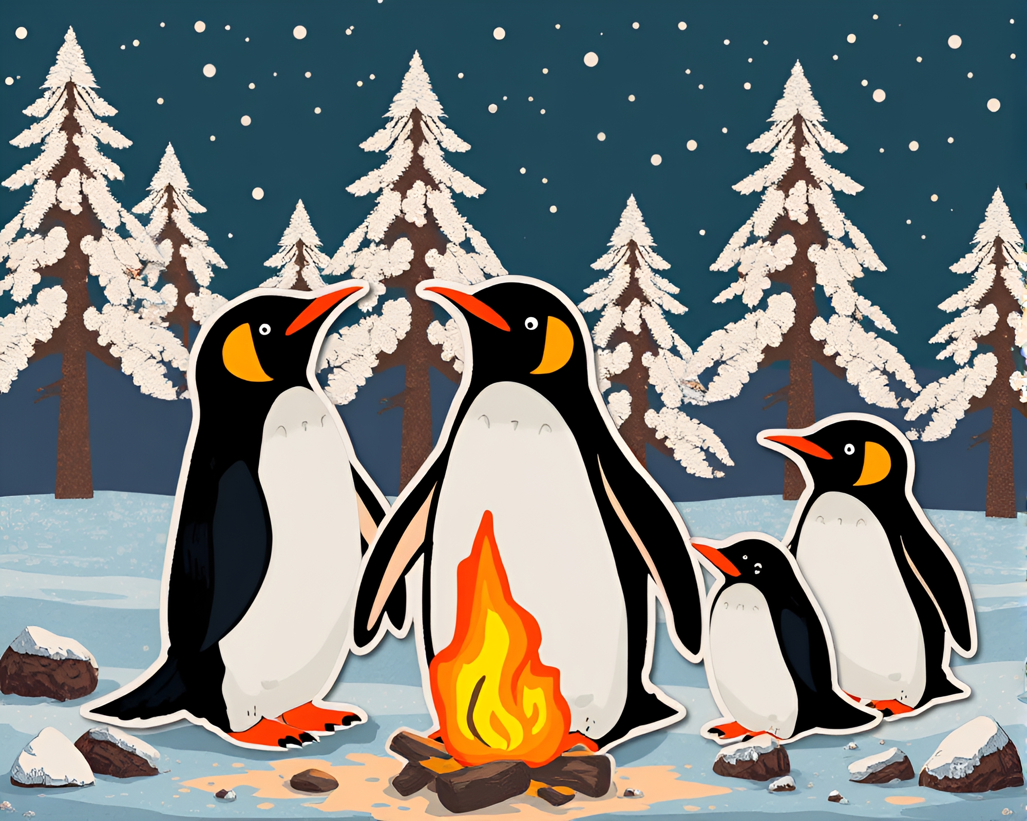 Penguin Bonfire 8-bit Collage – free AI stock image