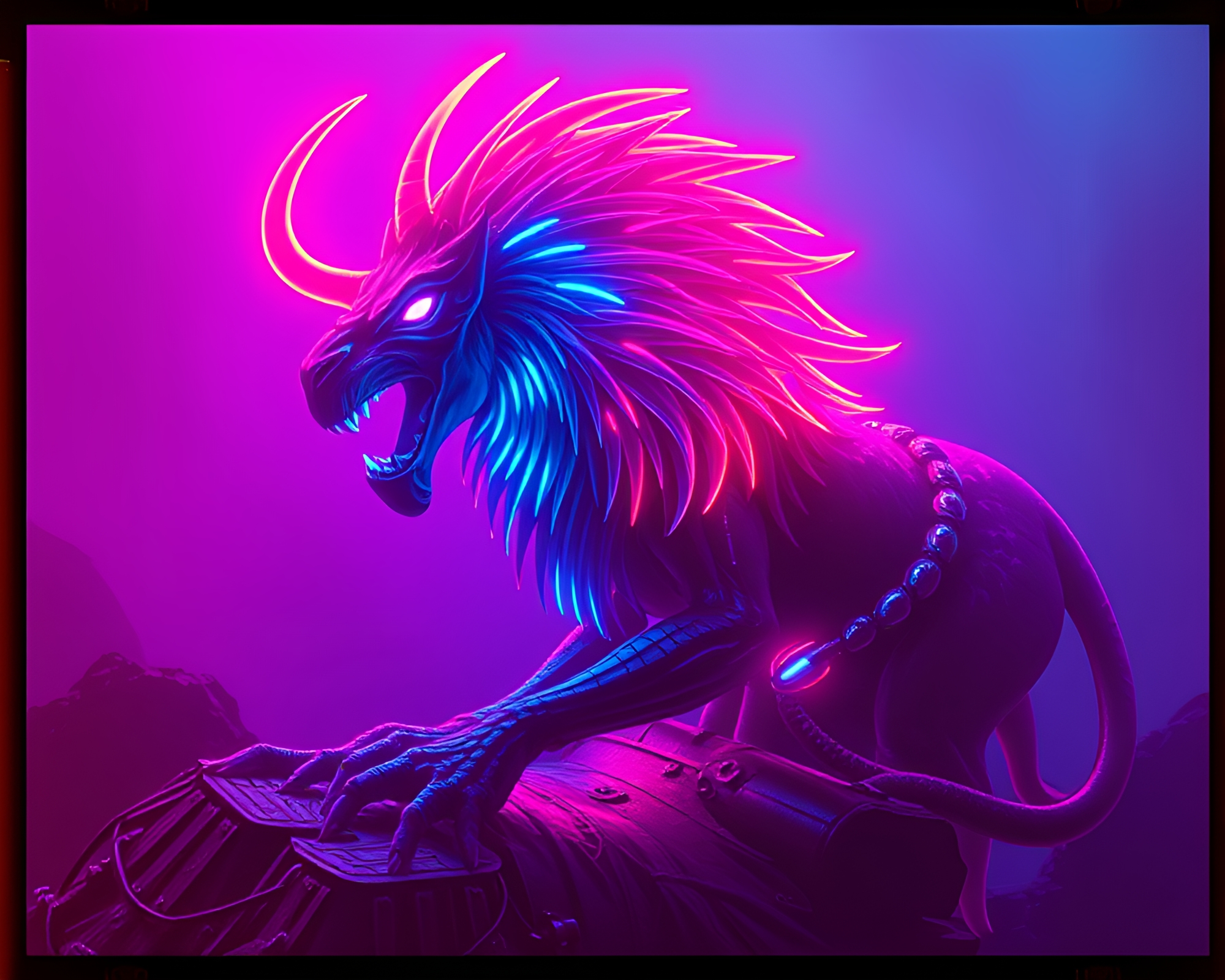 Ethereal Neon Cerberus from Above – free AI stock image