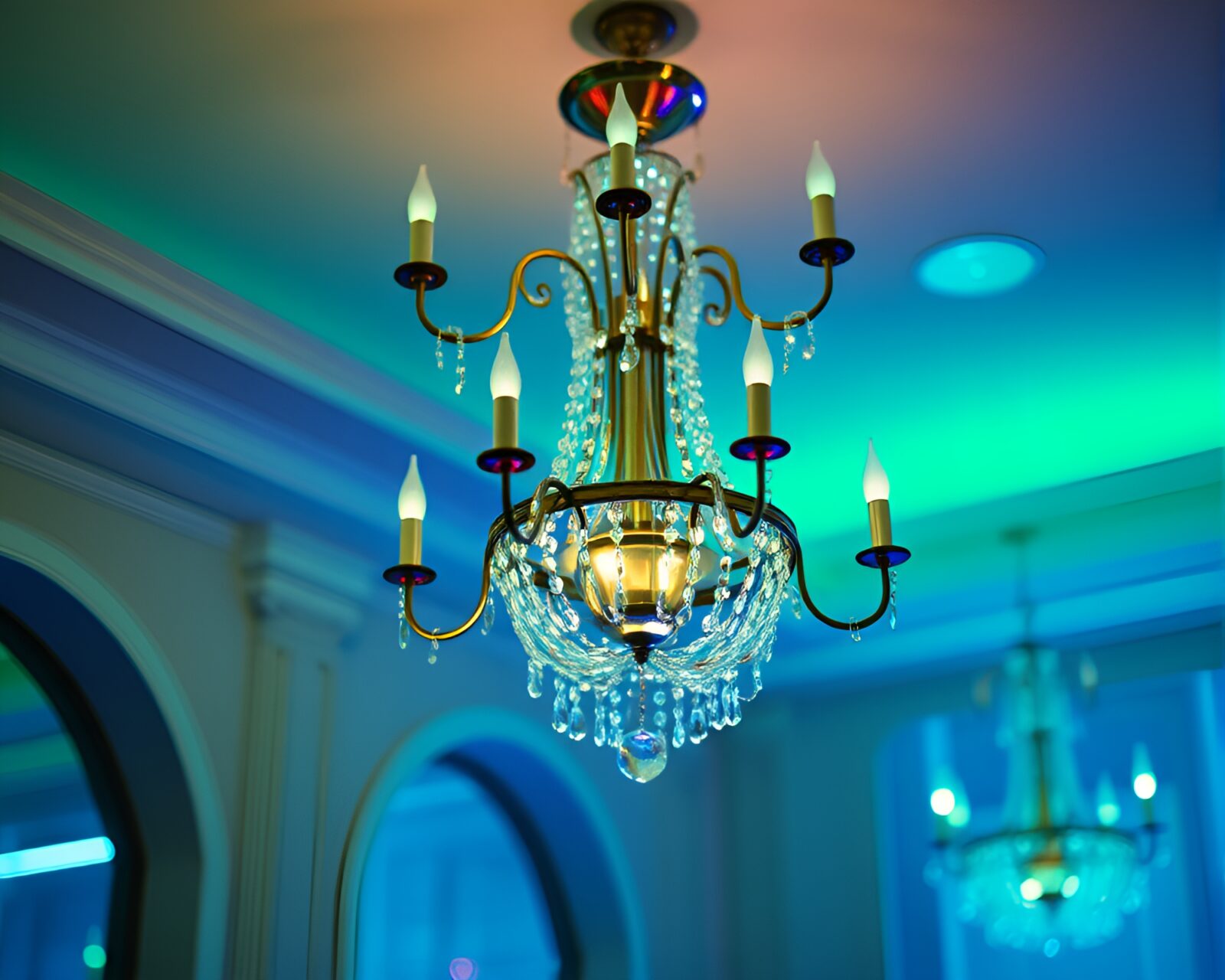 Ethereal chandelier casting forest-green light through misty woods