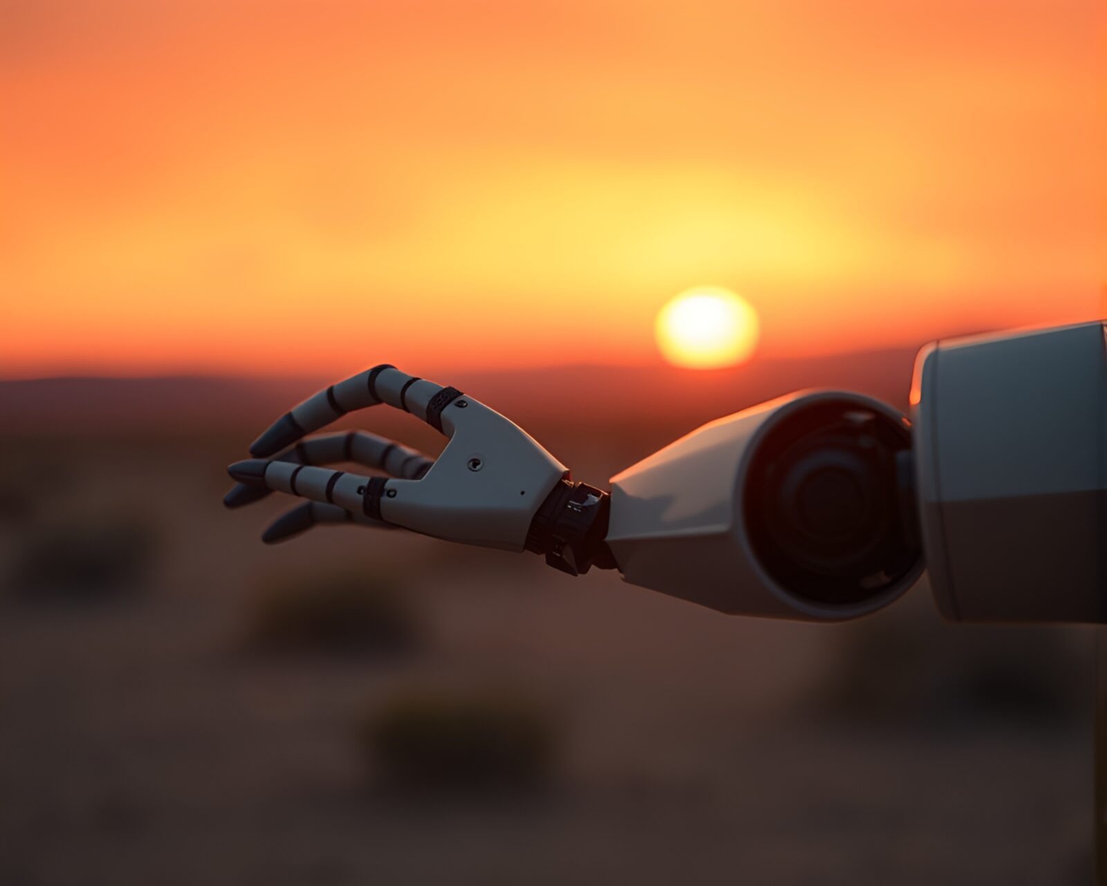 Selective focus robotic arm against desert sunset sky.