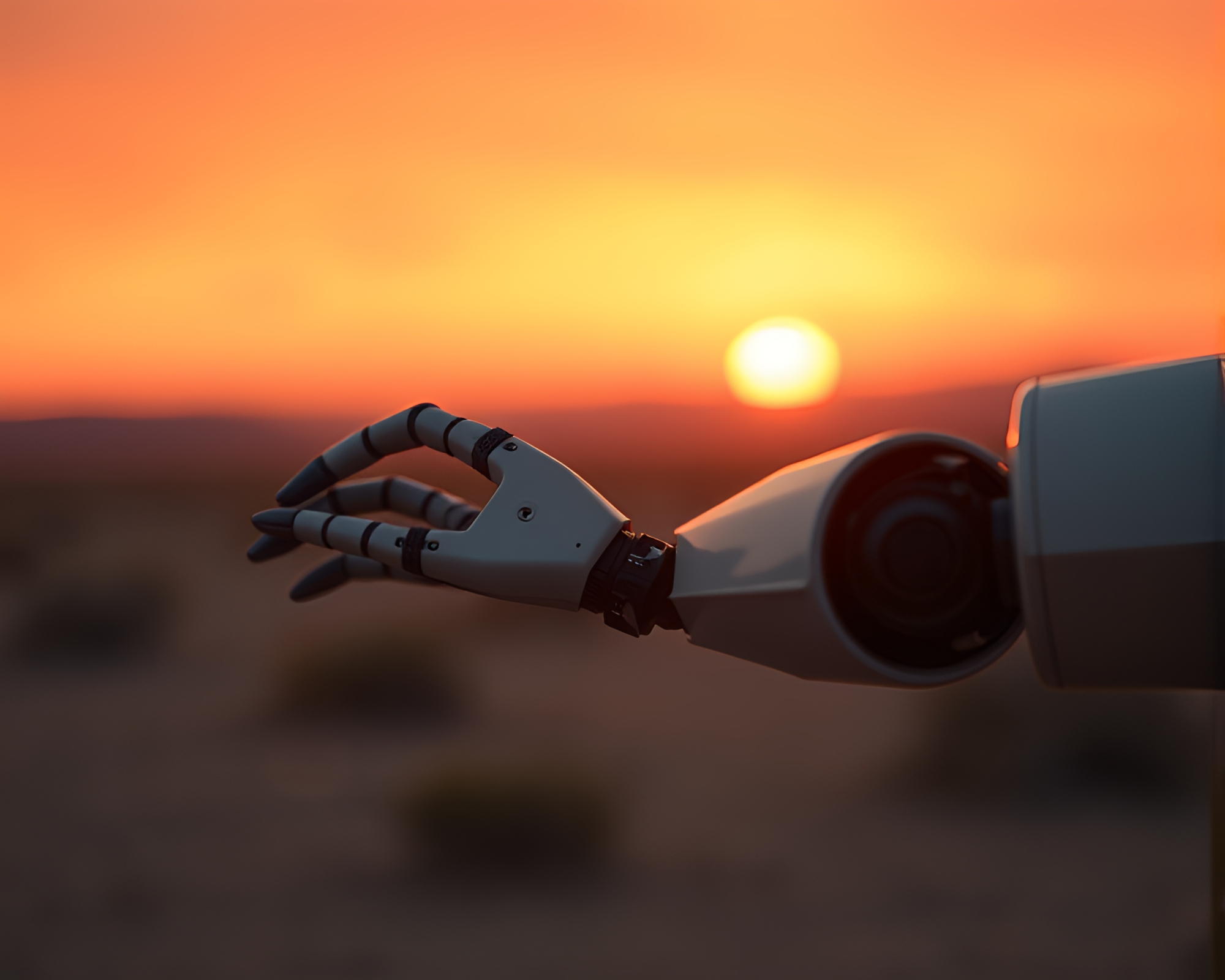 Robotic Arm at Desert Sunset: Film Noir Style – free AI stock image