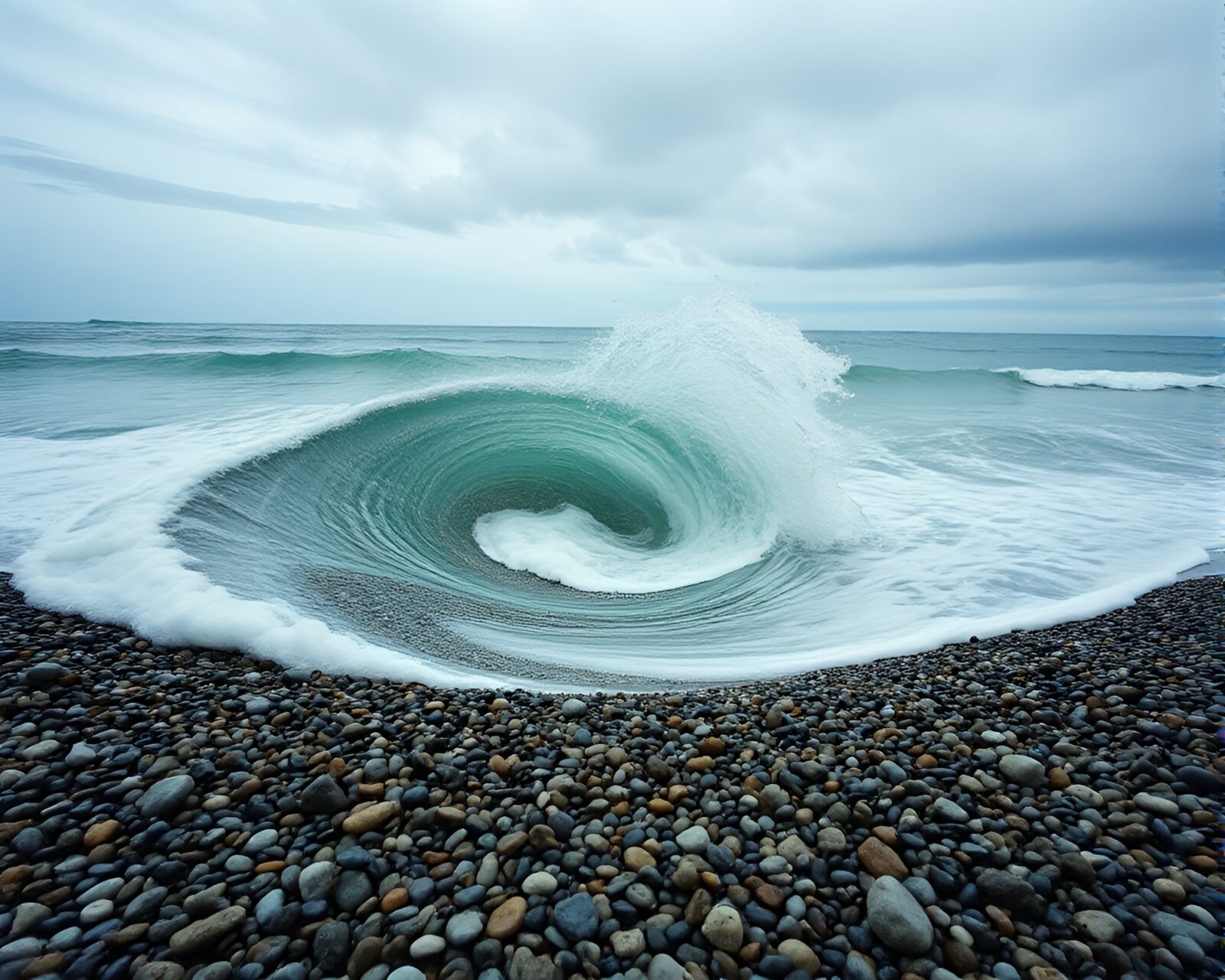 Ethereal egg tempera painting of vortex on serene pebble beach