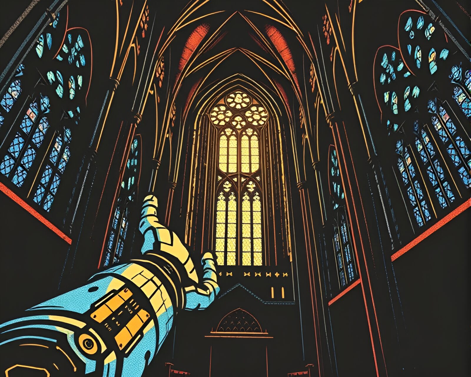 Illustration of a robotic arm in cathedral light