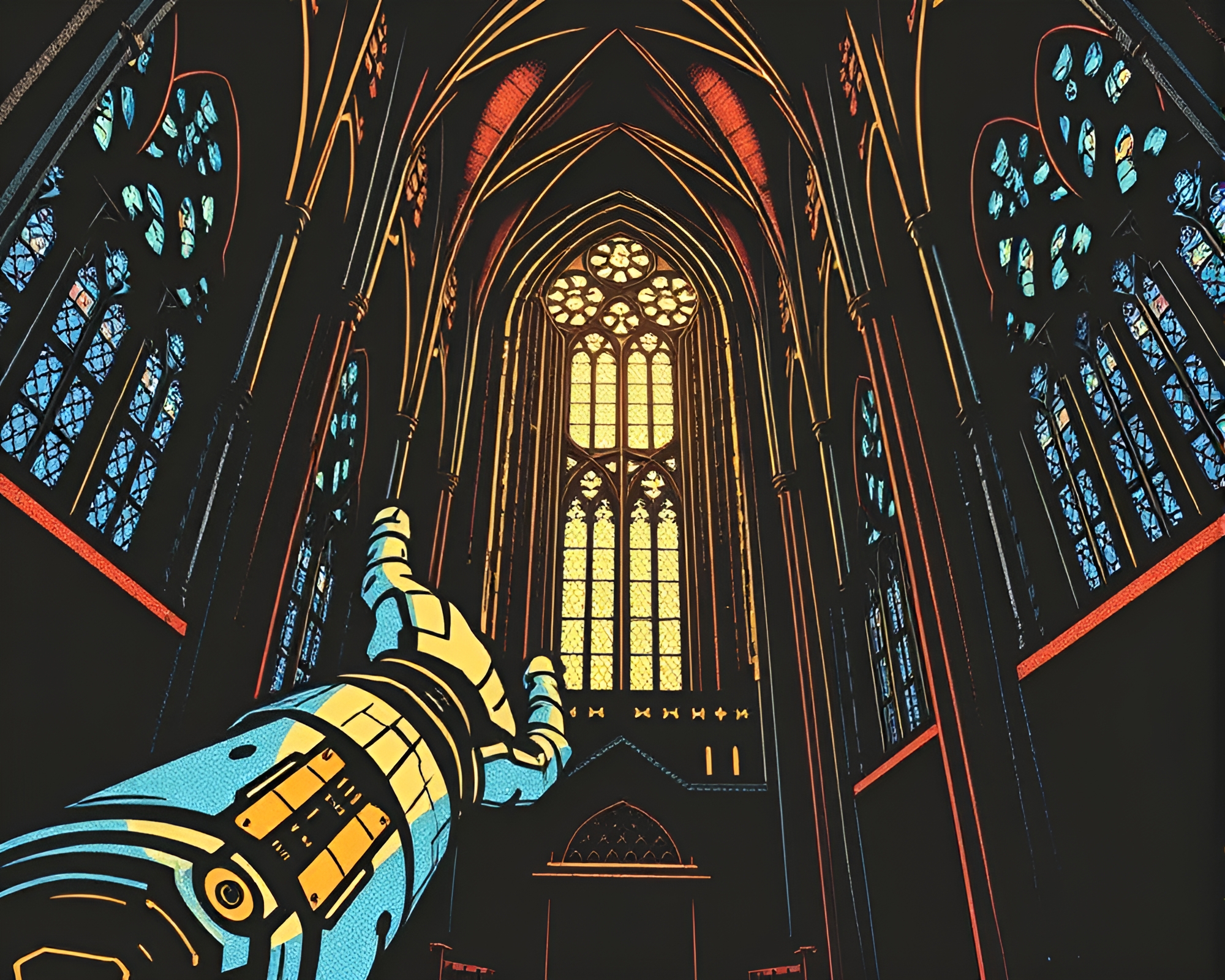 Robotic Arm Cathedral Woodcut: Worm’s Eye View – free AI stock image
