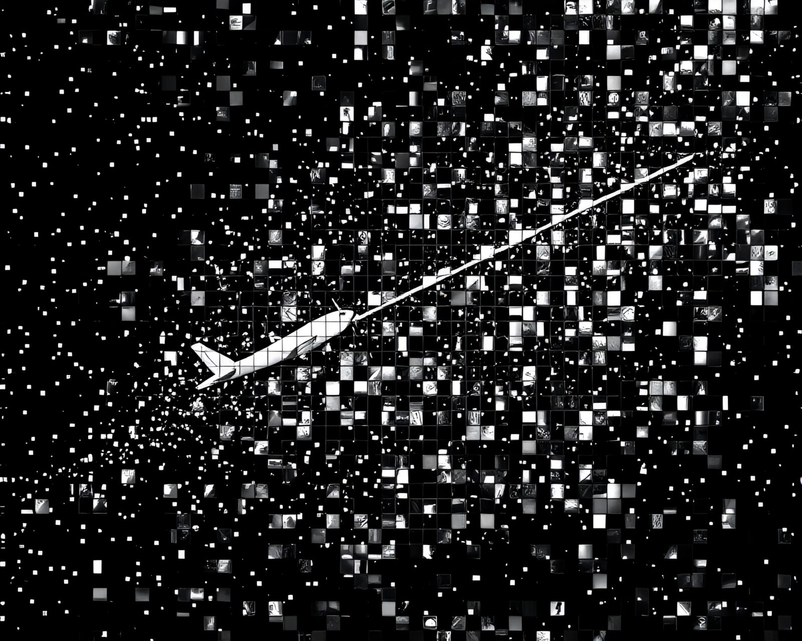 Tiled mosaic of airplane with dust motes in light