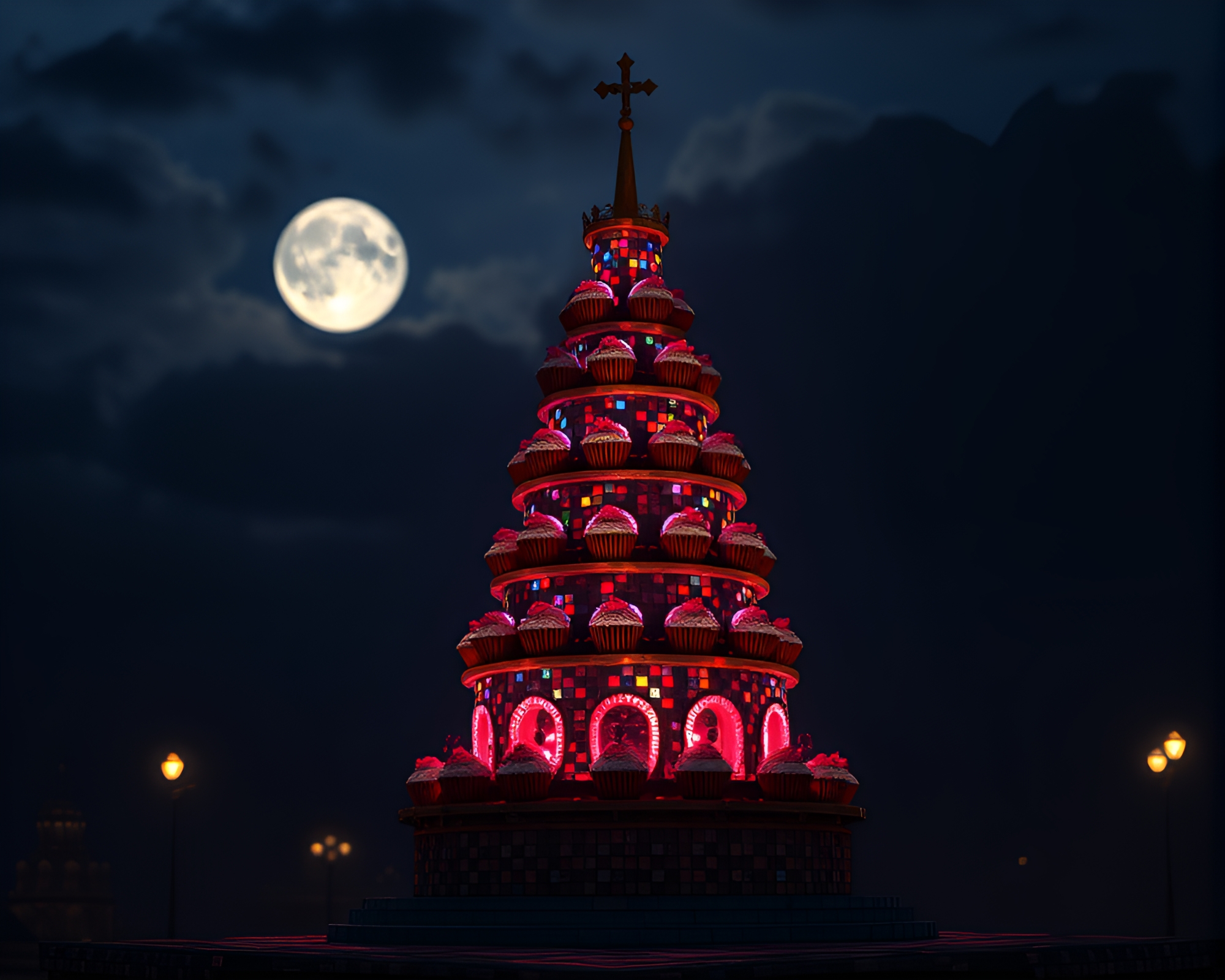 Moonlit Cupcake Tower: Particle Simulation Mosaic Art – free AI stock image