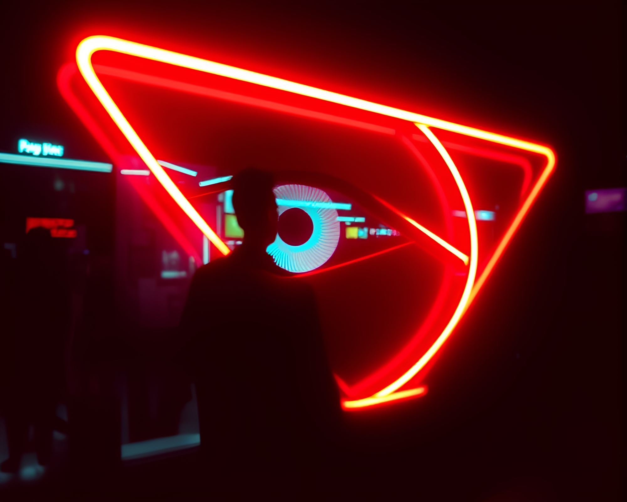 Cybernetic Eye Reflection Silhouette in Neon City – free AI stock image