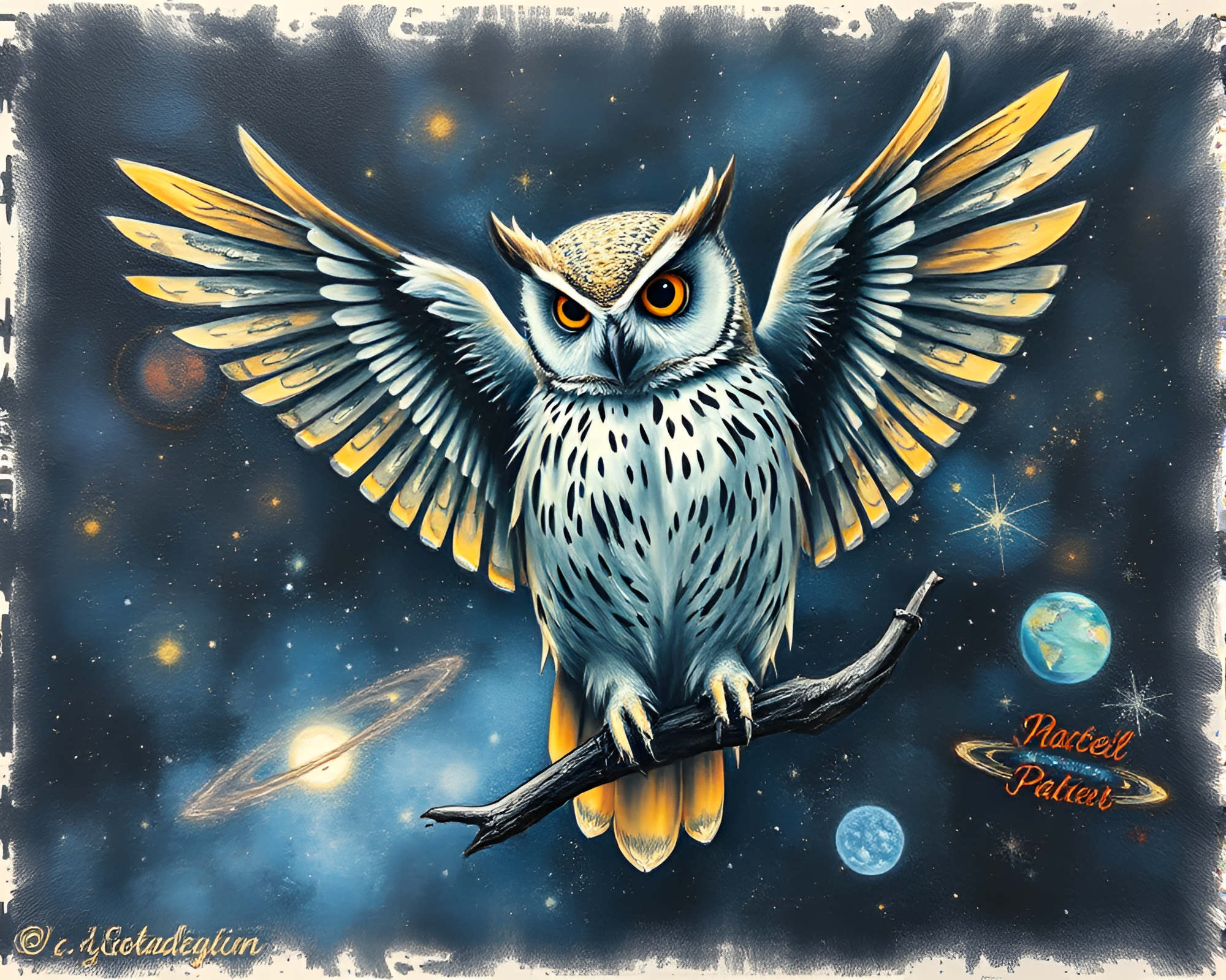 Stenciled Owl Hatching in Planetary Pastel Light – free AI stock image