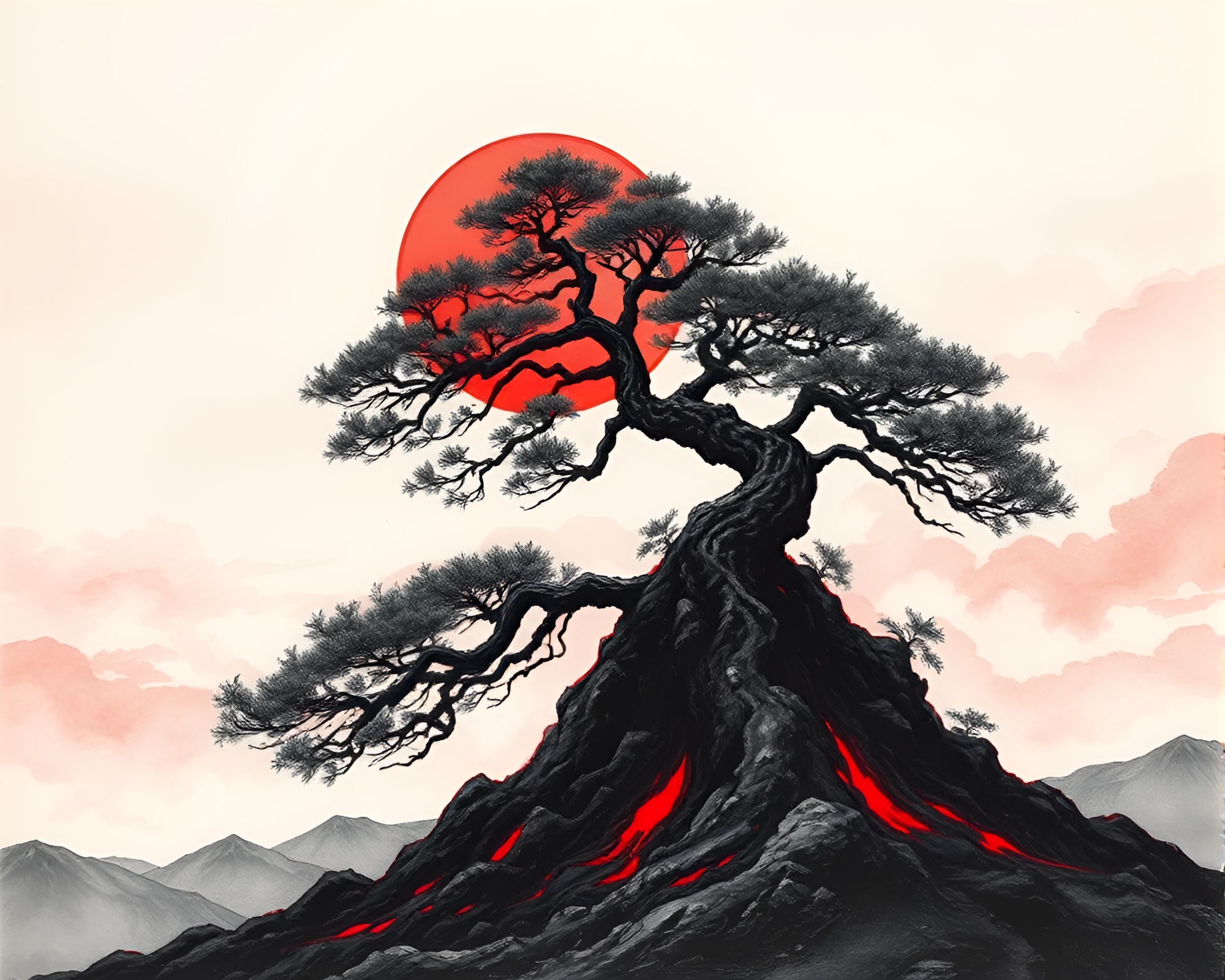 Breathtaking Bonsai: Volcanic Glow Etching – free AI stock image