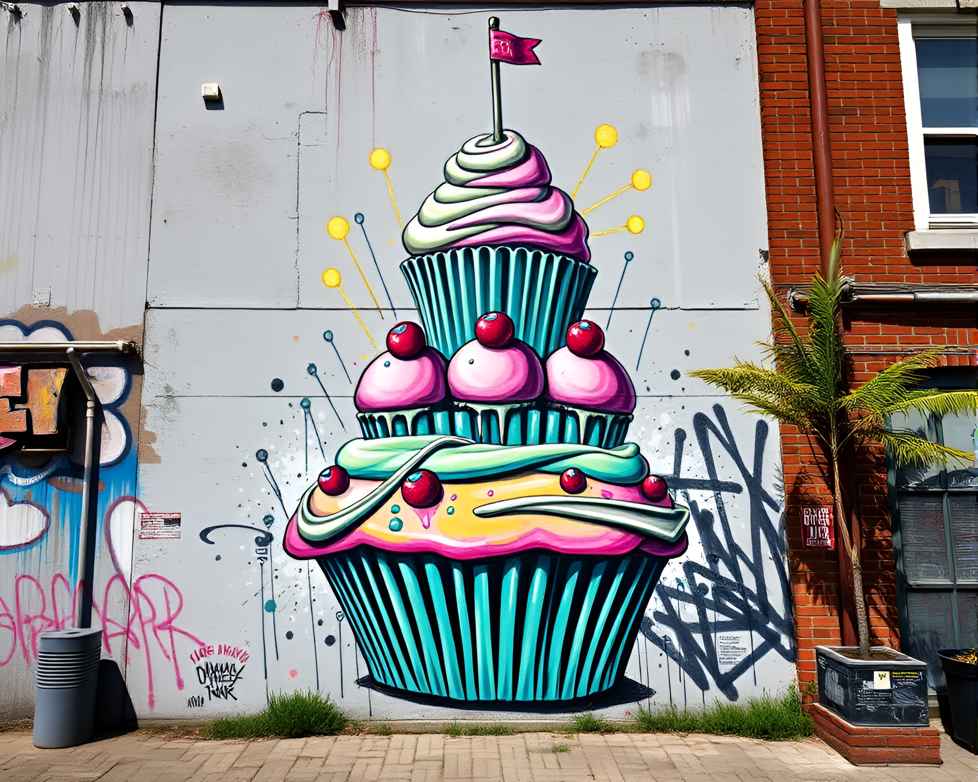 Spray paint cupcake tower mural graffiti art – free AI stock image