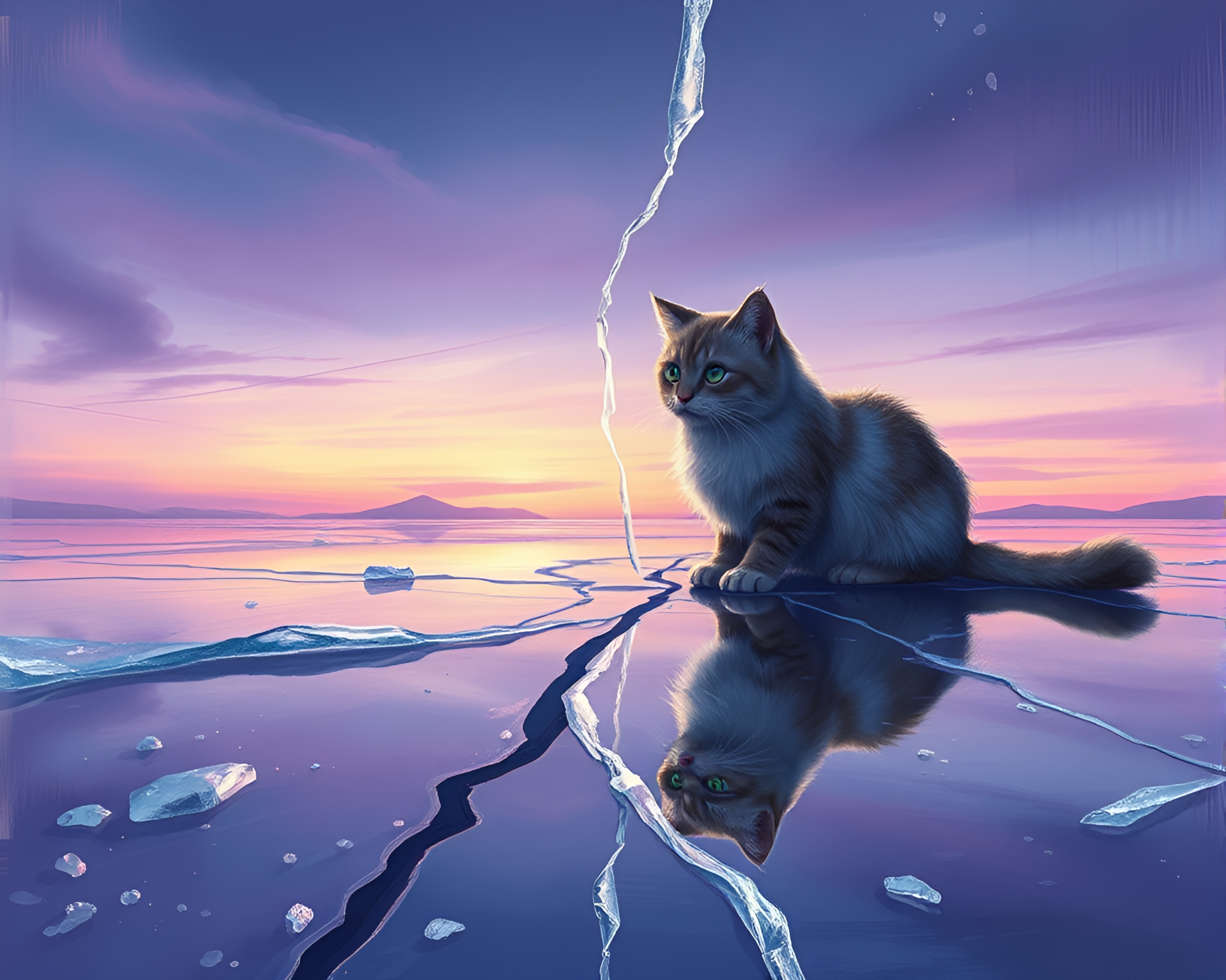 Schrodinger’s Cat in Ice Reflection Crack Digital Art – free AI stock image