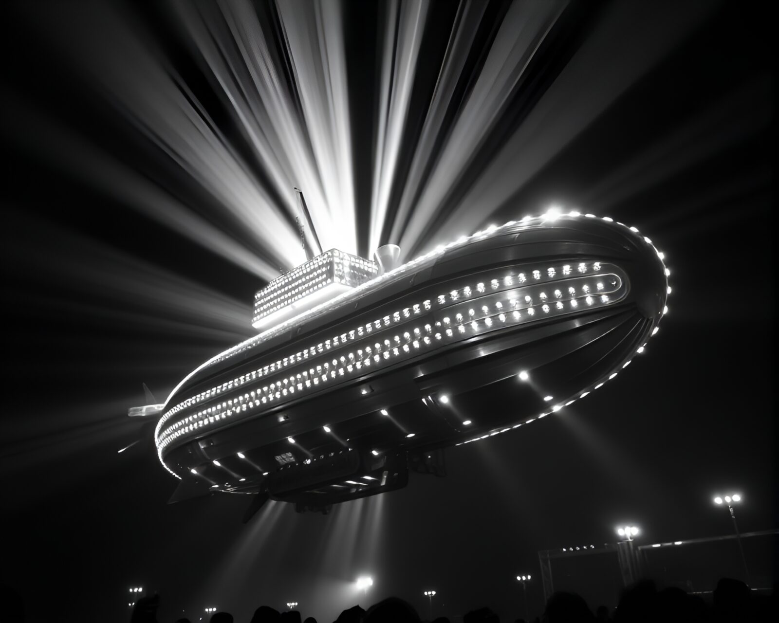 Black and white image of a majestic steampunk airship glowing in opera-house lighting with lens flare