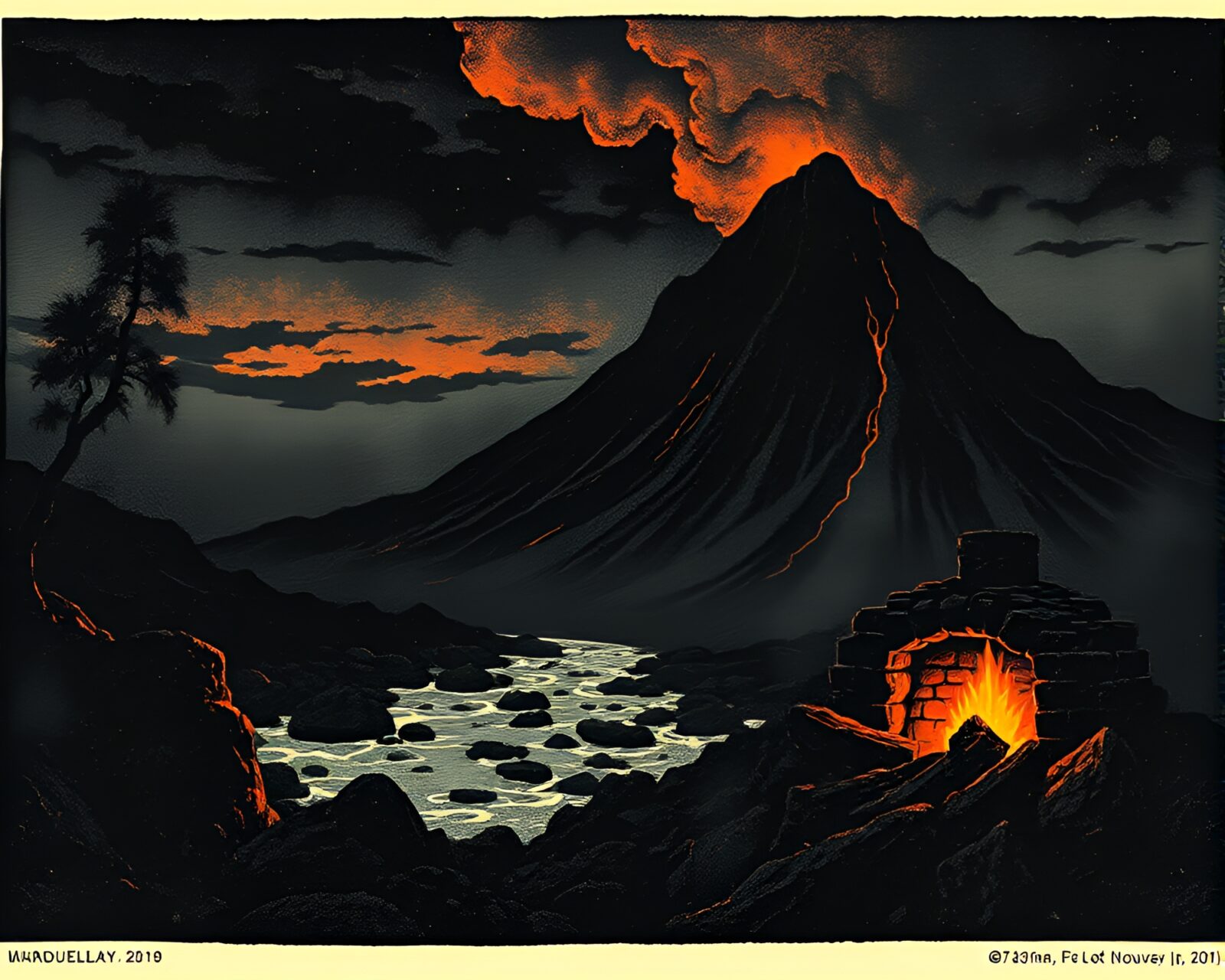 Dark Film Noir Scene on Volcanic Island with Firelight