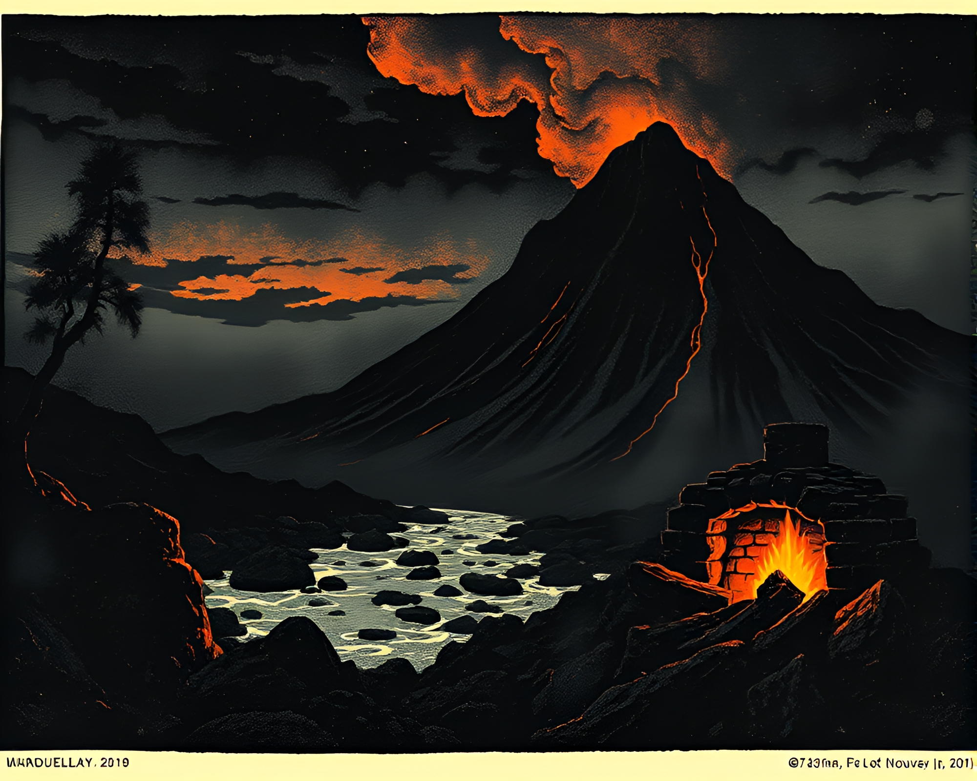 Mystical Volcanic Island Linocut Textures – free AI stock image