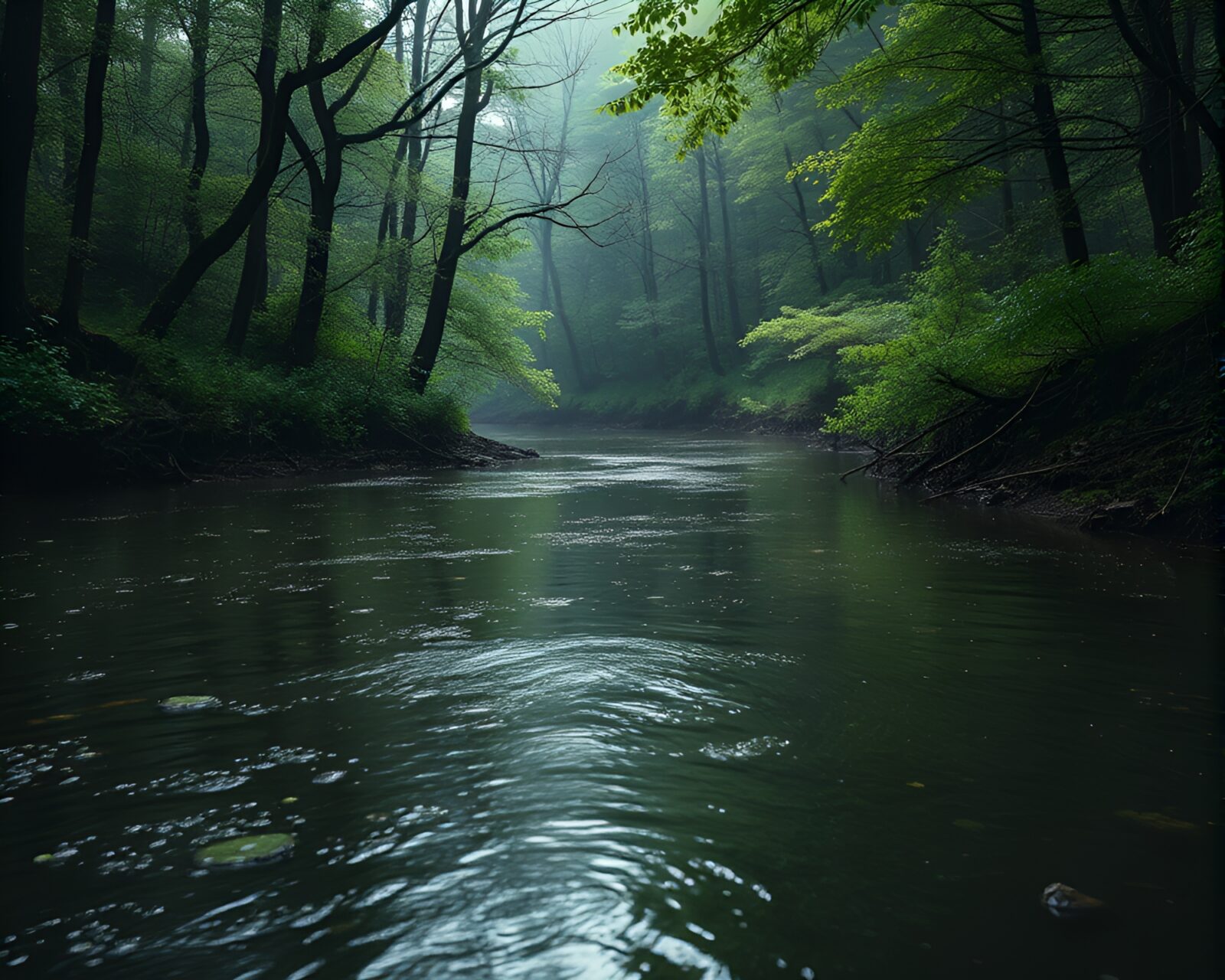 Majestic forest river reflecting green hues with dew drops
