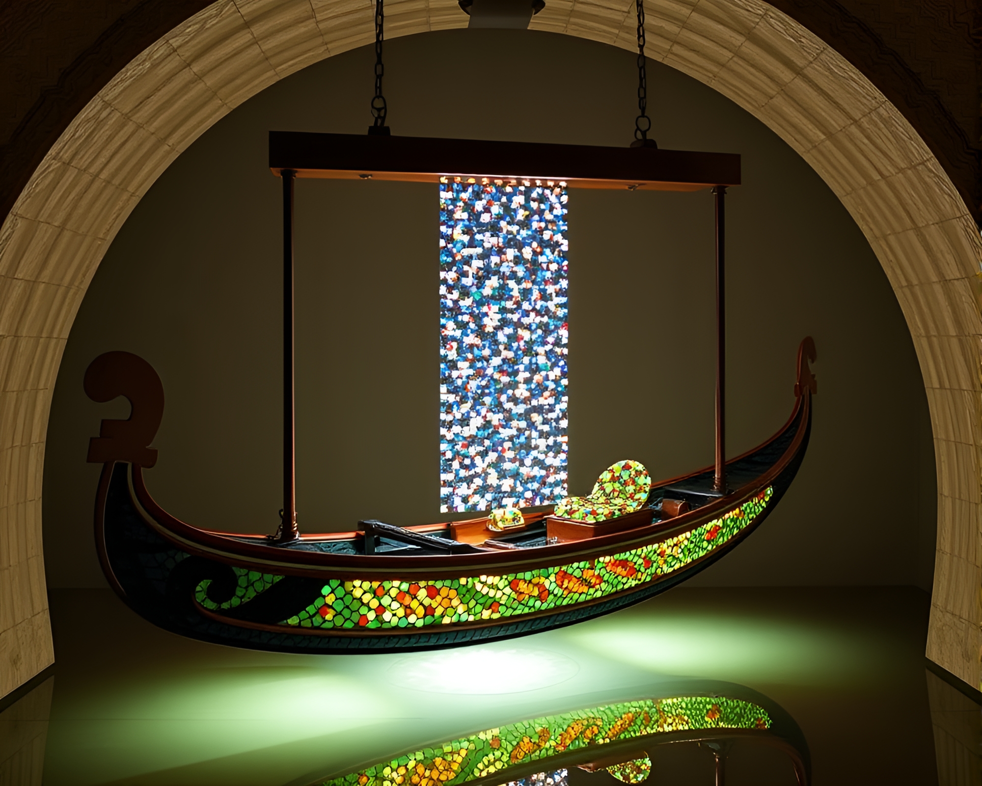 Bronze Patina Gondola Lift: LED Mosaic Illumination – free AI stock image
